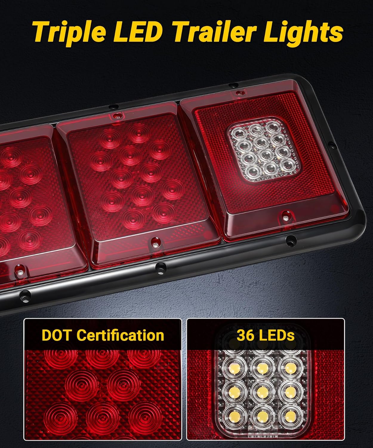 2Pcs LED Triple Tail Lights 36 LEDs Rectangle RV Trailer Tail Lights Stop Turn Tail Backup Reverse Surface Mount Vertical/Horizontal, Red/Clear Lens, Black Base, w/Gasket & Screws 12V
