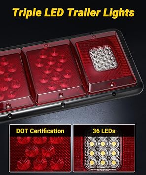 2Pcs LED Triple Tail Lights 36 LEDs Rectangle RV Trailer Tail Lights Stop Turn Tail Backup Reverse Surface Mount Vertical/Horizontal, Red/Clear Lens, Black Base, w/Gasket & Screws 12V