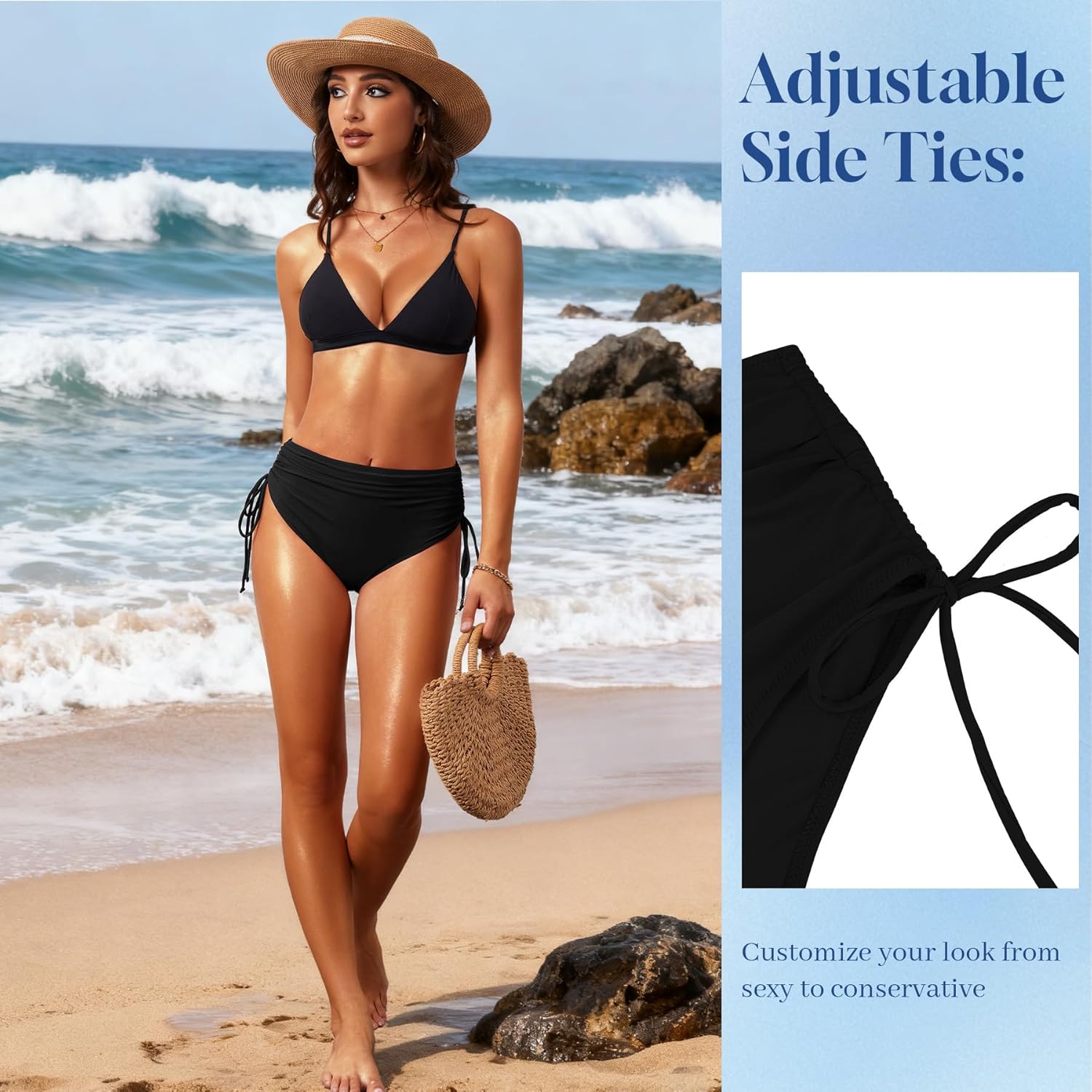 Komorebi Women's High Waisted Bikini Bottoms, Full Coverage Swimwear, Adjustable Side Tied Bathing Suit Bottom - Image 5