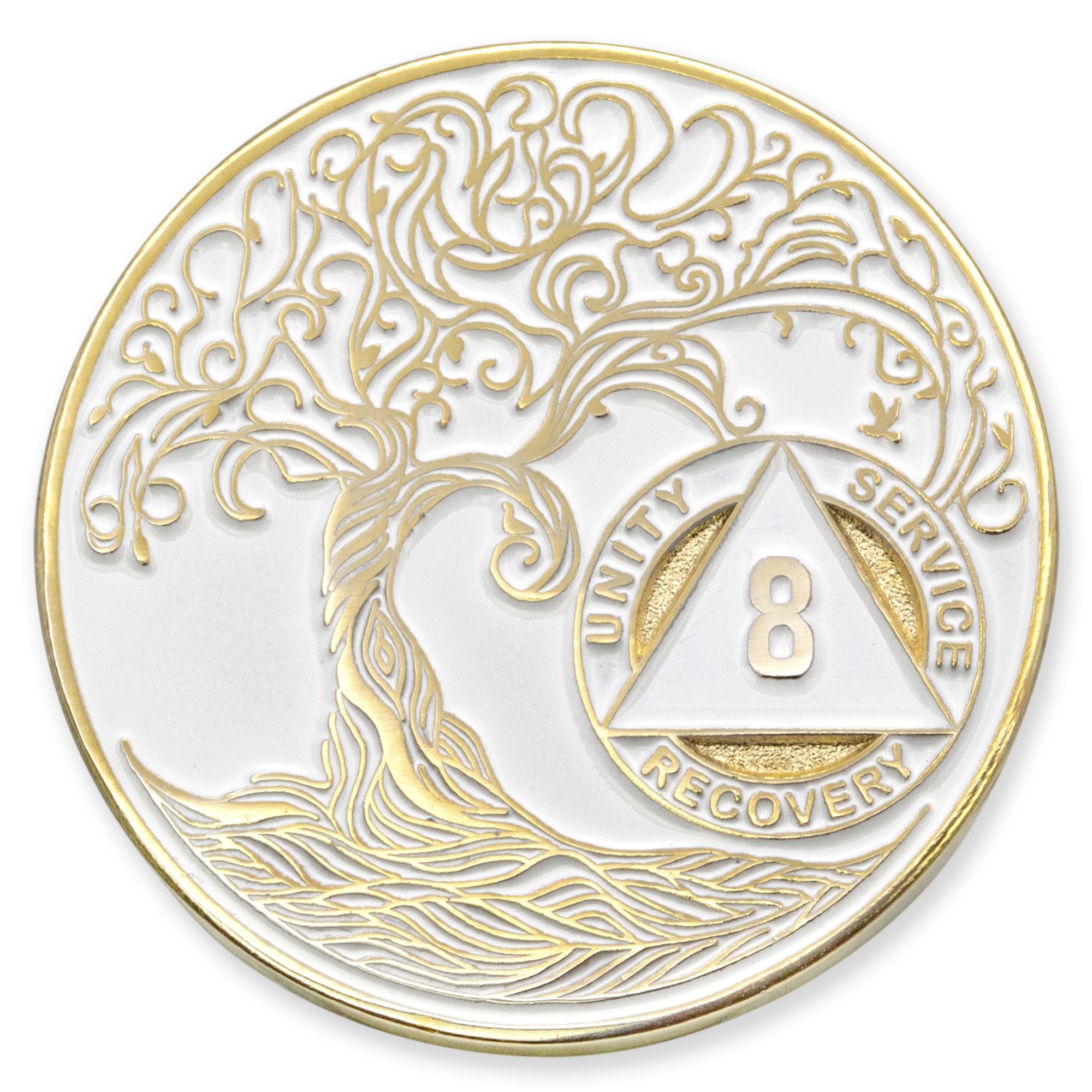 1 to 50 Year Twisted Tree of Life Sobriety Coin - Gold Plated AA Chips &amp; Medallions - 8 Year Sobriety Coin - White