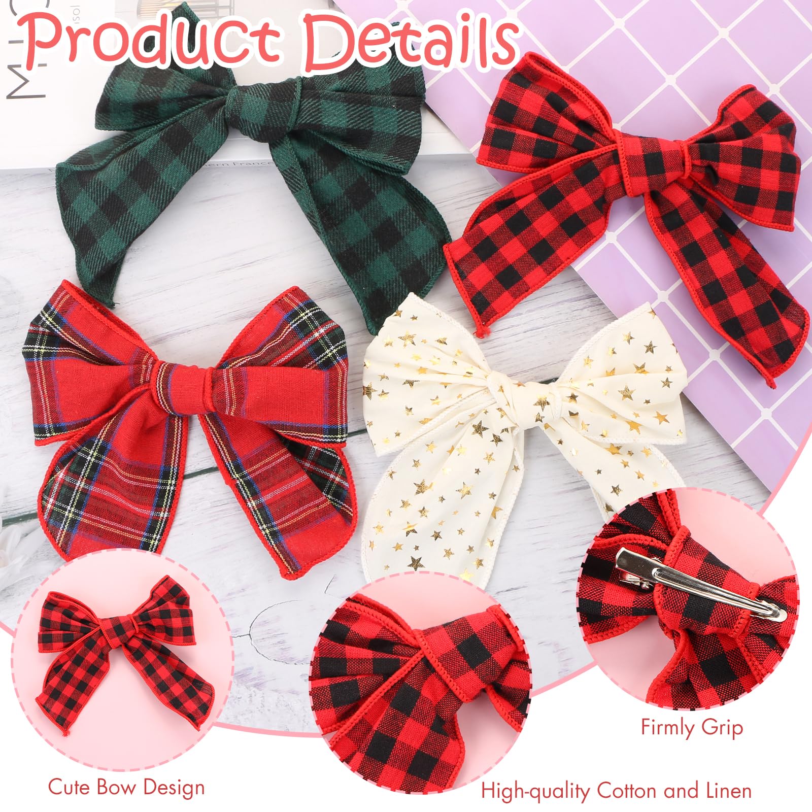 2pcs Cute Bows Hair Clips,UHOMENY Linen Plaid Bow Hairpins Hair Accessories for Girls Women Christmas Red Green Bowknot Hair Styling Clips Hair Barrettes (Beige) - Image 3