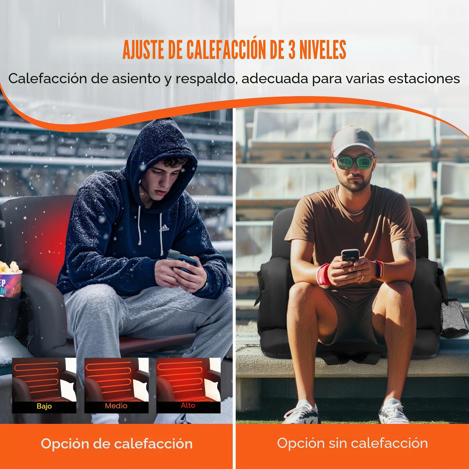 VEVOR Asiento Portátil Plegable de Estadio con Doble Calefacción y Soporte para la Espalda con Calefacción de 3 Niveles, con Portavasos con Bolsillo con Gancho, para Eventos Deportivos, Conciertos