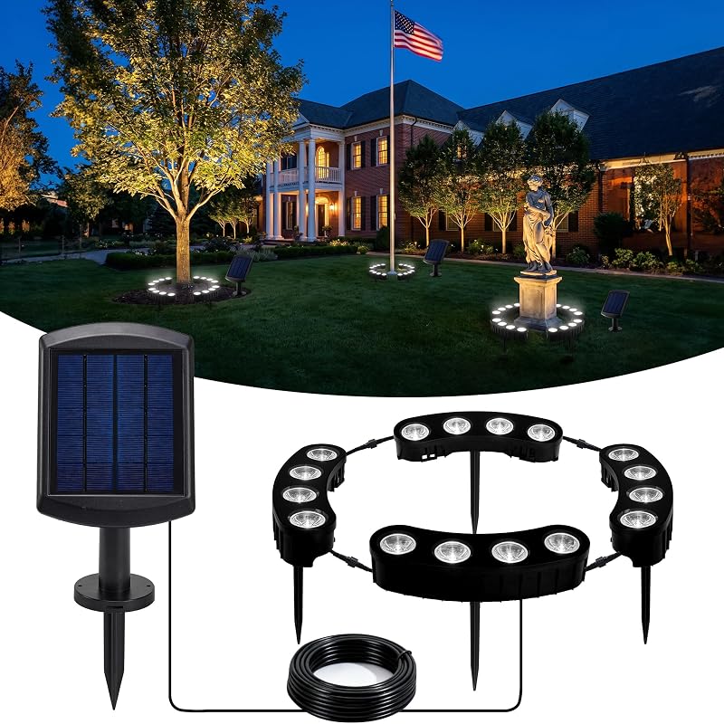 Sublume Ring Solar Tree Lights Outdoor Waterproof, Cold White | 16 COB LED, 3-in-1 (Sticked/Tied/Hang), 33FT Cable, IP65 Waterproof, 4000Mah Uplights for PalmTree, Flag Pole, Garden