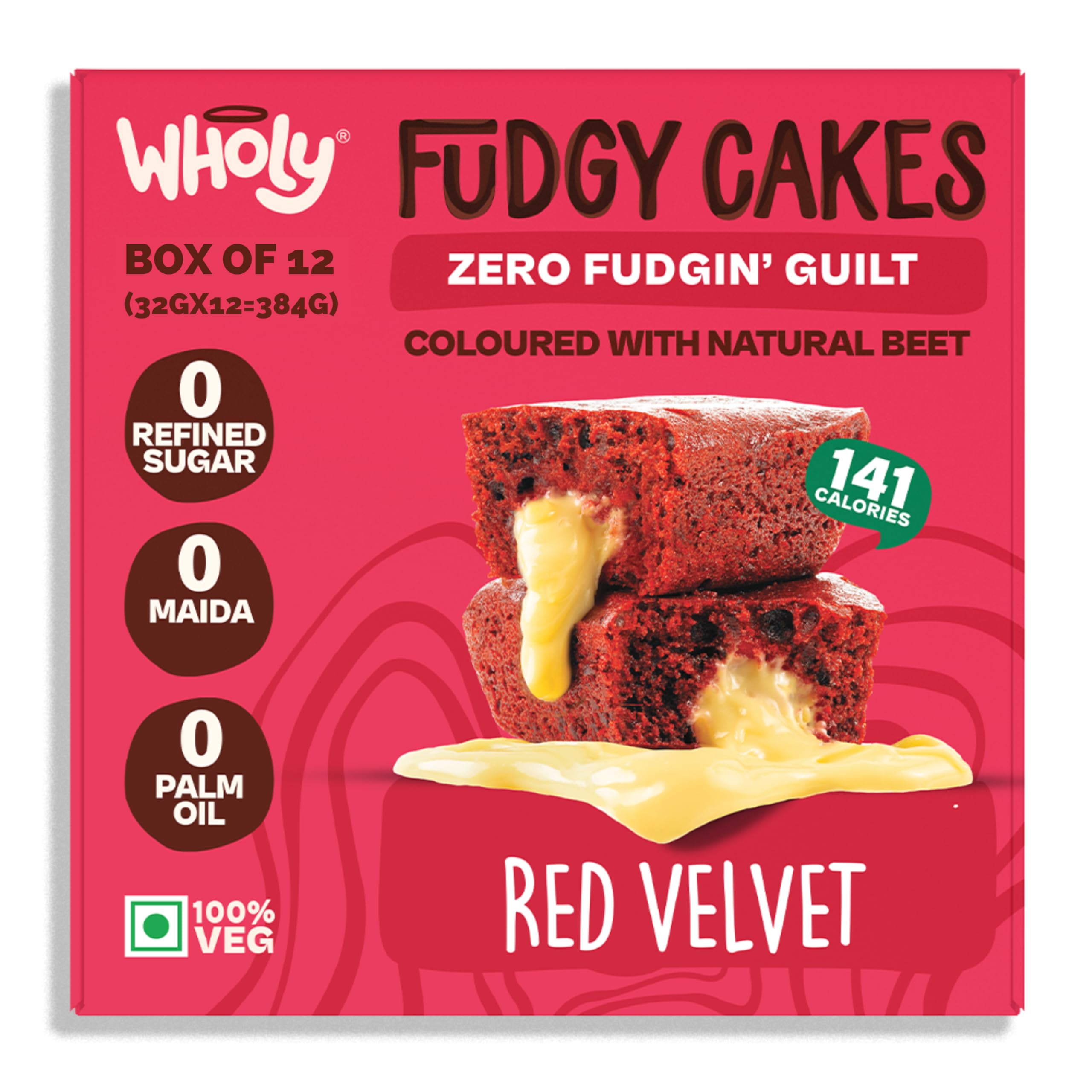 Wholy Red Velvet Fudgy Center Filled Eggless Cake | Baked with Jaggery | No Maida | No Palm Oil | No Preservatives | Natural Colour from Beetroot | High Fiber | Low Cal | Wholegrain | Moist Snack Cake - 40g (Pack Of 12)