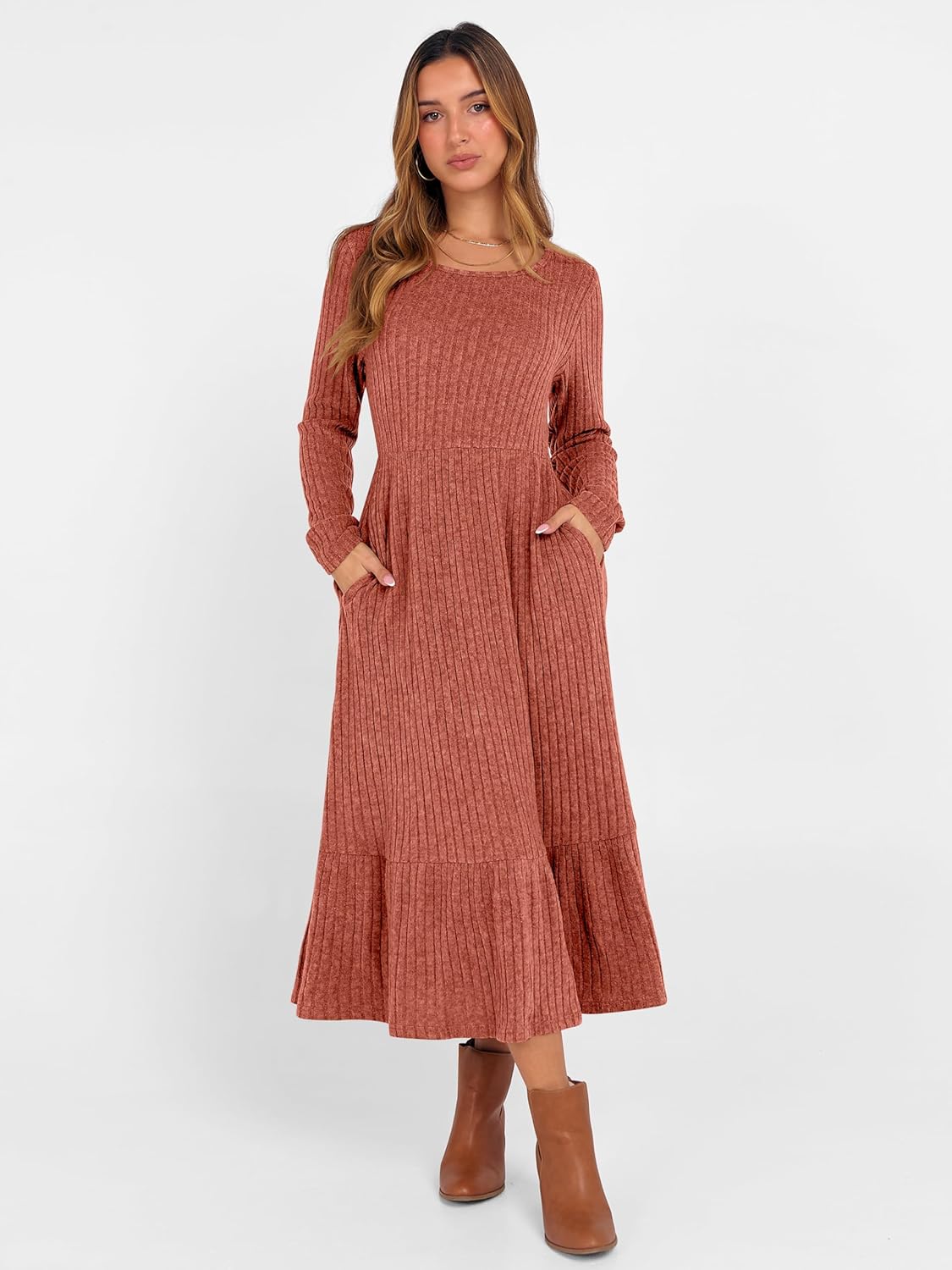 ANRABESS Womens Long Sleeve Midi Dress Spring Rib Knit Crew Neck A Line Soft Flowy Swing Dresses with Pocket Casual Trendy - Image 3