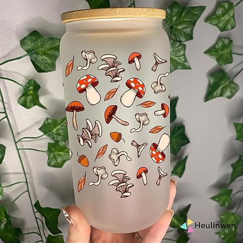 Miniatura 2 de Heulinwen Taza de vidrio retro de hongos con hojas de otoño, lata de café helado de 16 onzas con tapa de bambú y pajita, taza de té de vidrio con