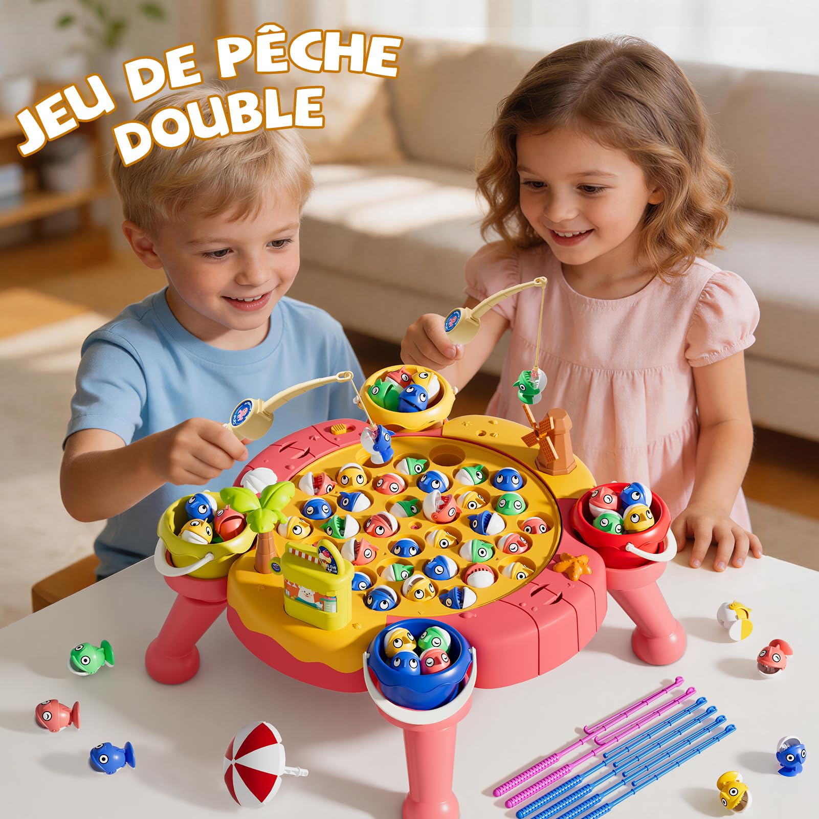Peche A la Ligne Jouet Enfant 3 4 5 6 Ans Garçon Filles, Peche Enfant Jeu de pêche magnétique, Jouet de Pêche Musical avec Plateforme, Cadeau Enfant 4 5 6 7 Garçon Fille(70 pièces)