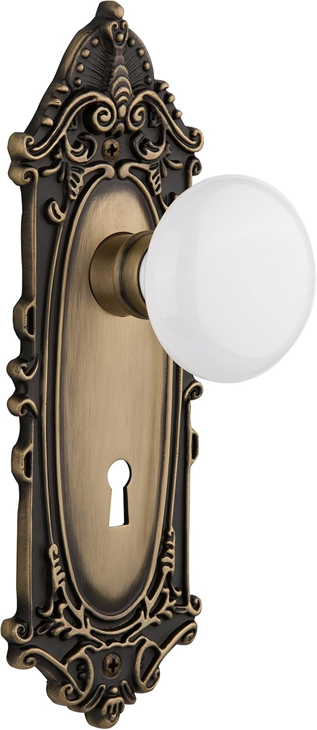 Nostalgic Warehouse Victorian Plate with Keyhole White Porcelain Knob, Passage - 2.375", Antique Pewter