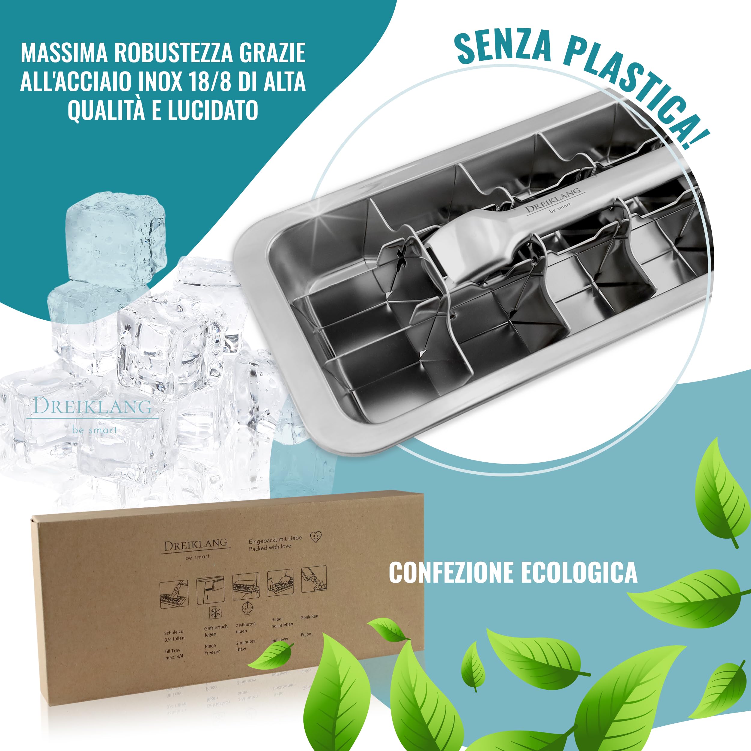 Dreiklang - be smart Stampo per cubetti di ghiaccio in acciaio inox lucido 18/8 con inserto a leva per una facile rimozione dei prodotti alimentari e di lunga durata, retrò, senza plastica, grande