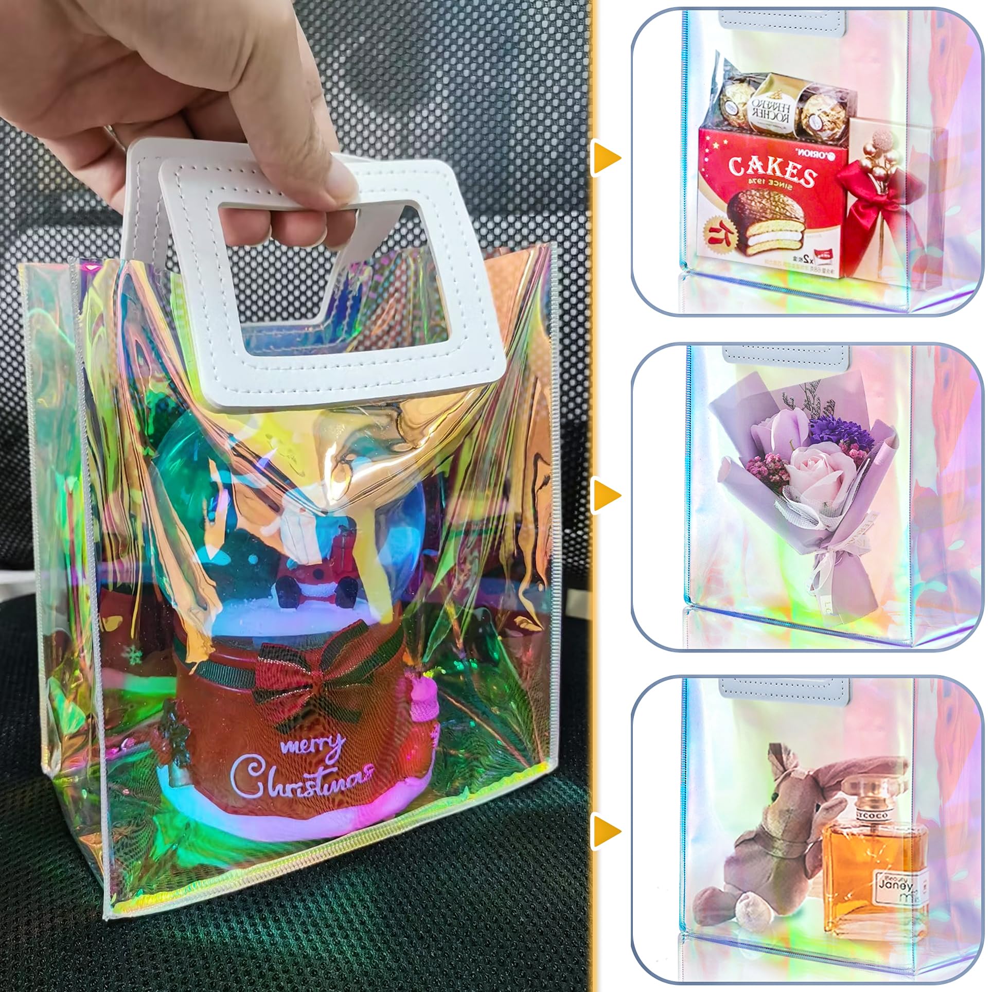 KeerxunBag 1 Pack Holographic Gift Bags with Handles & 2 Tissue Paper Sheets – Iridescent Transparent Reusable Bags for Women, Girls, Birthdays, Weddings，Yellow Gift Bag