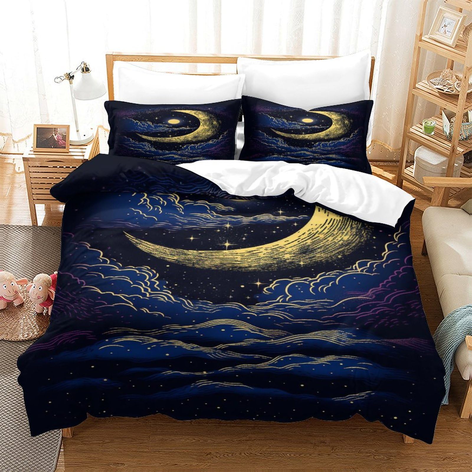 P1S9U7W5Y 3D Printed Star Moon Style 3pcs Microfiber Moon Duvet Cover Set Starry Bedding Set Double