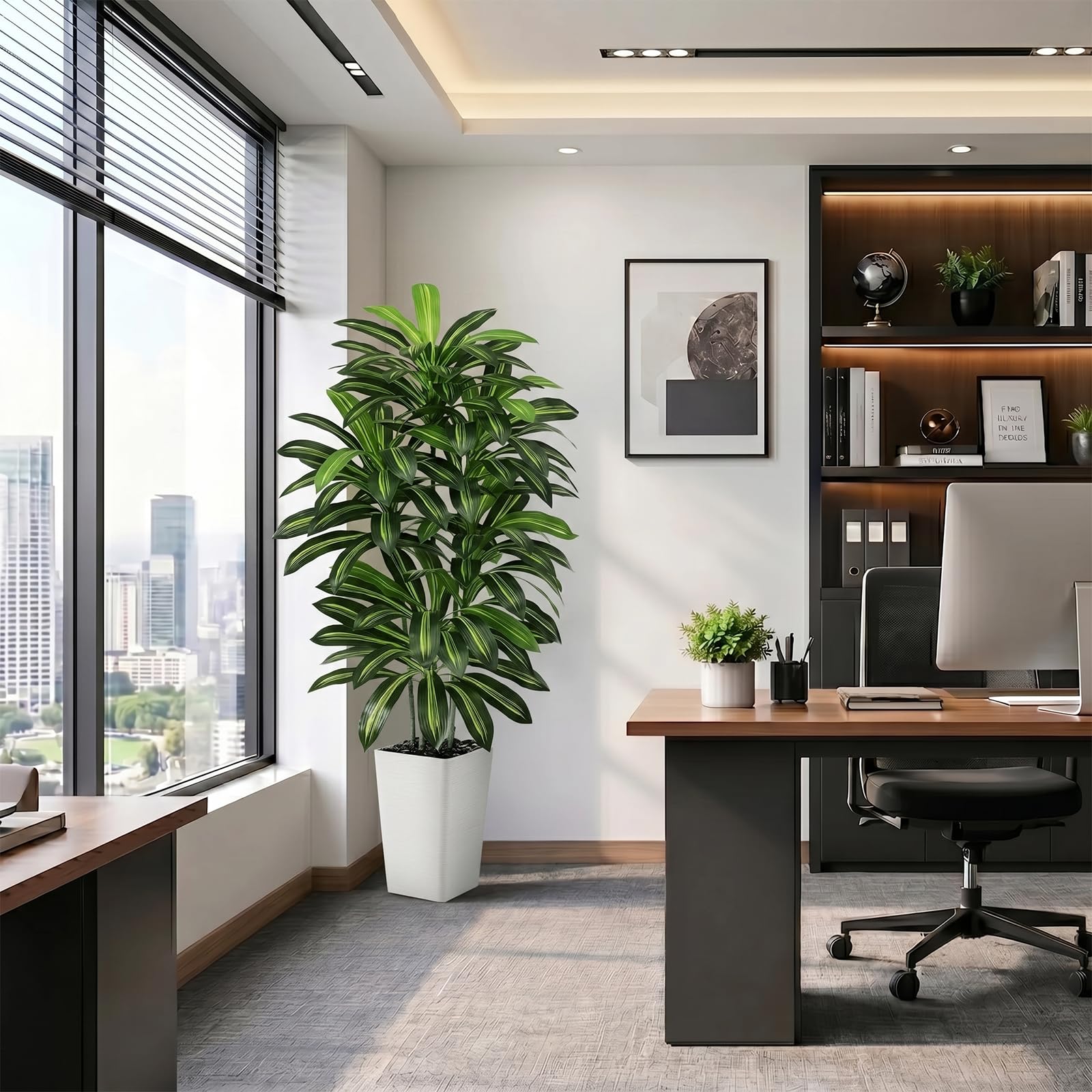 Dracaena Artificiale per Interni 150cm Albero Finto con Fioriera Bianca Alta, Pianta Finta Alta in Vaso, Pianta di Seta Artificiale per la Decorazione Della Casa, Ufficio, Soggiorno, Veranda, Patio