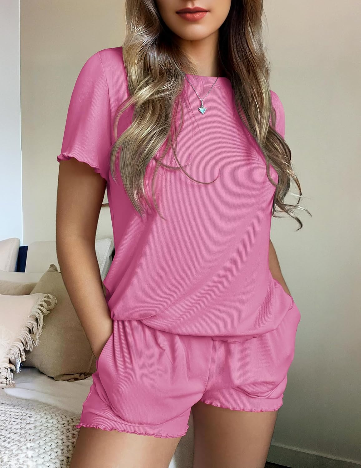 Ekouaer Womens Pajamas 2 Piece Ribbed Knit Pjs Short Sleeve Sleepwear Set Summer Soft Pajamas Set Casual Lounge Sets - Image 3