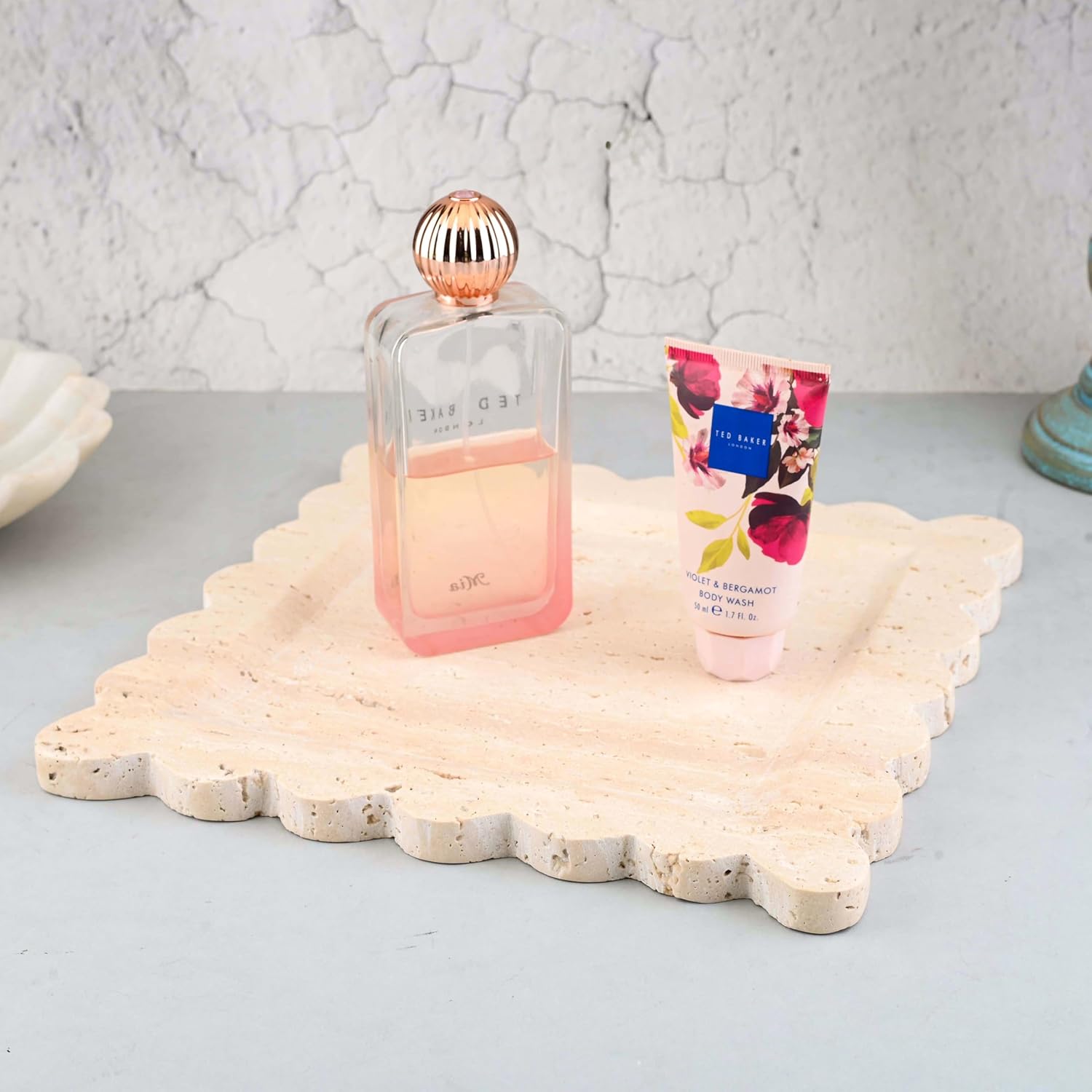 Perilla Home Marble Scalloped Square Shape Decorative Tray 10X10X0.6 Inch – Natural Travertine Stone Tray for Coffee Table, Bathroom, Kitchen, Jewelry, Perfume, Ring, Aesthetic Home Decor Gift