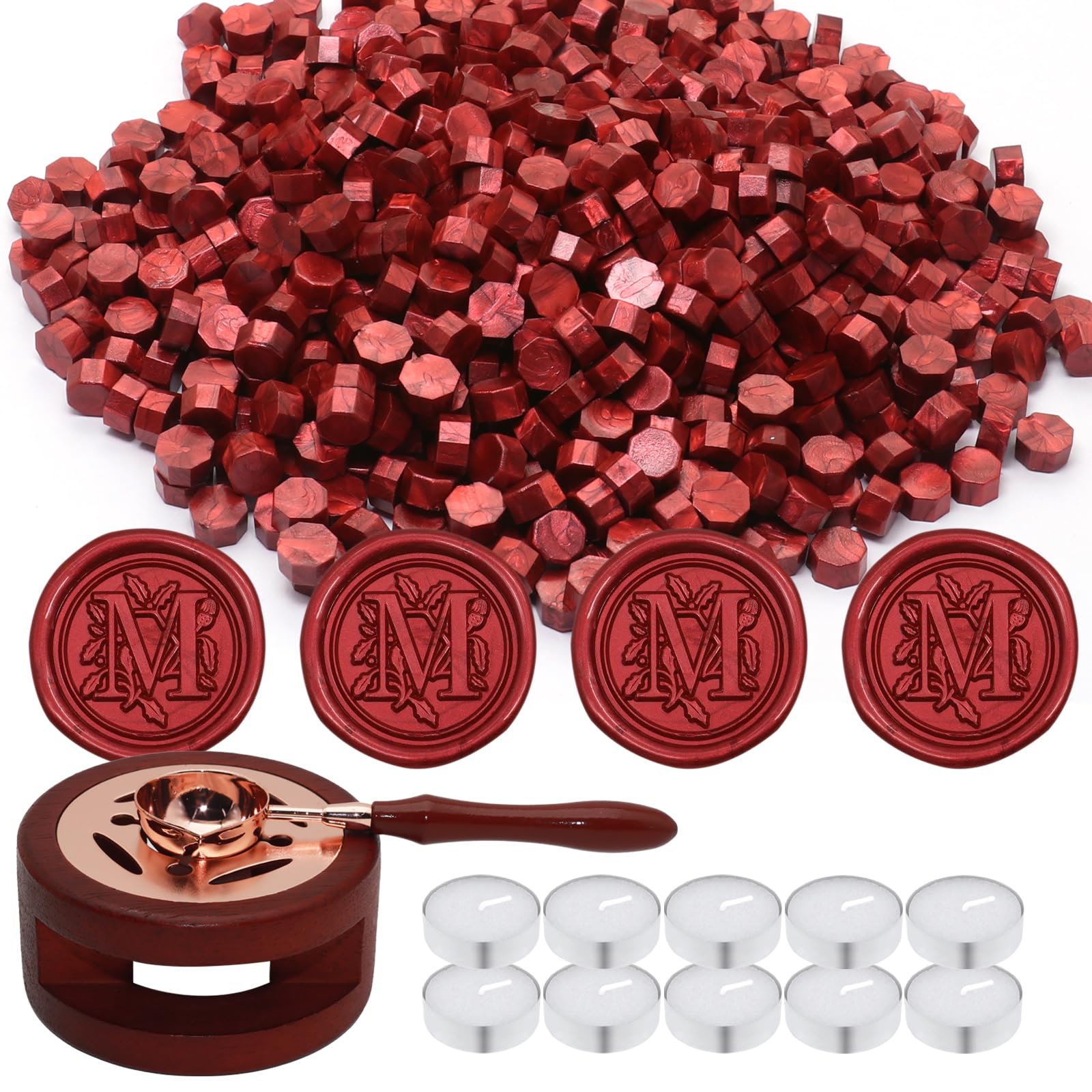 Wax Seal Beads Kit - 300pcs Wine Red Sealing Wax Beads with Wood Melting Warmer, Spoon & 10 Mini Candles for Stamp Seals, Wedding Invitation, Envelope, Cards, Gift Wrapping Decorations