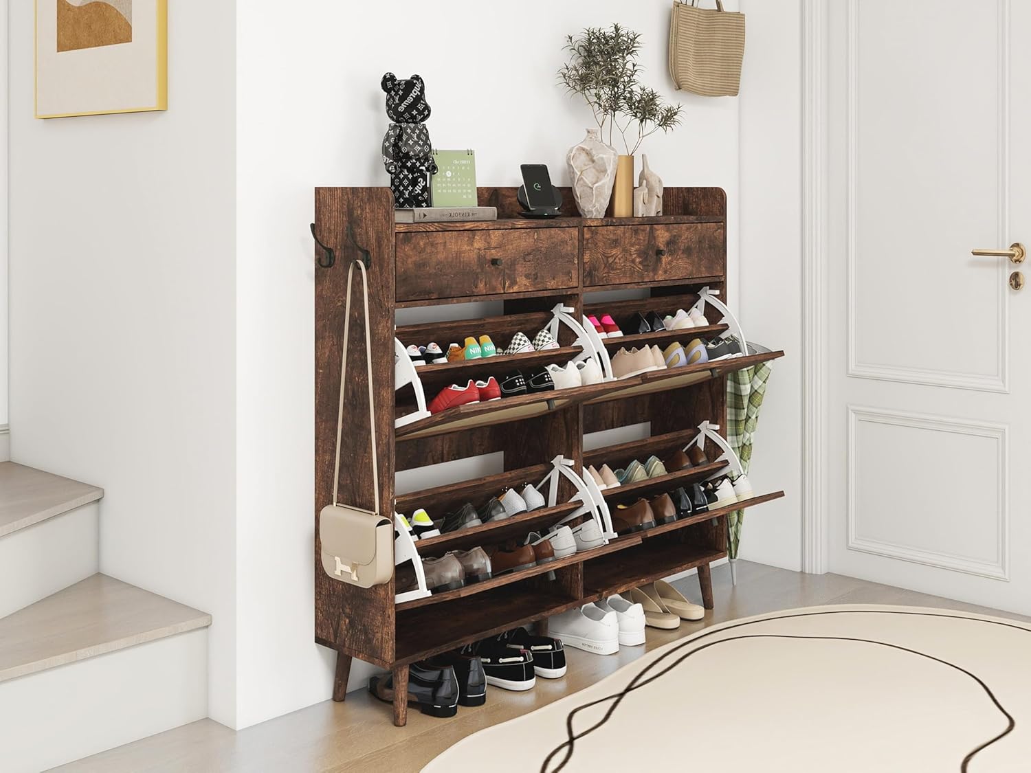 ZeHuoGe shoe cabinet in an entryway with flip drawers open, displaying shoes.