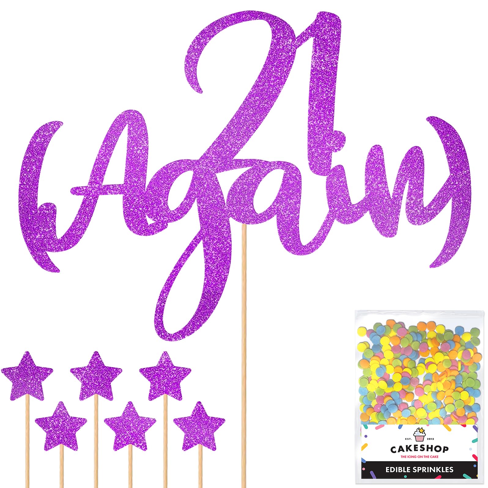 Personalised Funny Old Joke 21 Again Glitter Cake Topper - Purple Any Age Glitter Cake Decoration and Sprinkles - Happy Birthday Decorations - Personalised Toppers for Cakes by Cakeshop