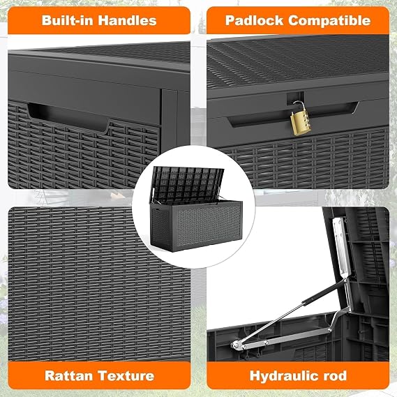 PatioZen 120 Gallon Deck Box,Resin Outdoor Storage Box with Lockable for Patio Furniture, Pool Accessories, Garden Tools Waterproof Outside Storage Box, Black
