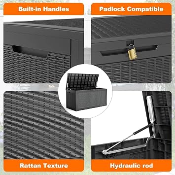 PatioZen 120 Gallon Deck Box,Resin Outdoor Storage Box with Lockable for Patio Furniture, Pool Accessories, Garden Tools Waterproof Outside Storage Box, Black