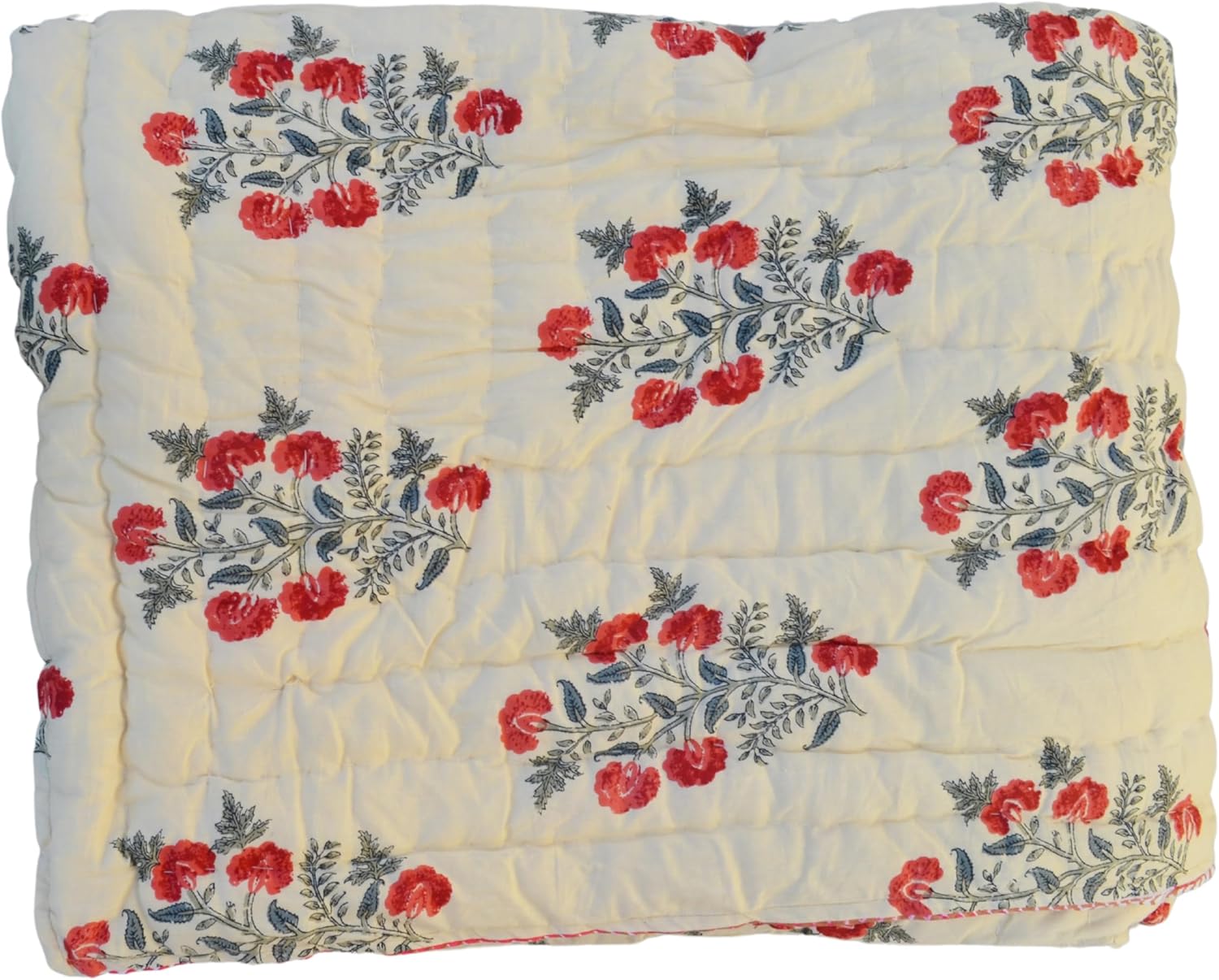Ethnicfashville Screen Print Red Floral Cotton Quilt Winter Warm Indian Handmade Cotton Blanket Razai Decorative Boho Room Quilt (Double)
