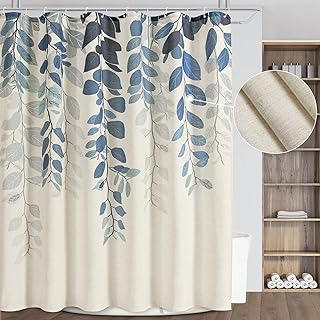 Long Shower Curtain 84 Length Blue Linen Cotton Cloth Shower Curtains Nature Eucalyptus Decorative Shower Curtains for Bathroom Water Repellent Country Shower Curtain Set 72x84 with 12 Hooks