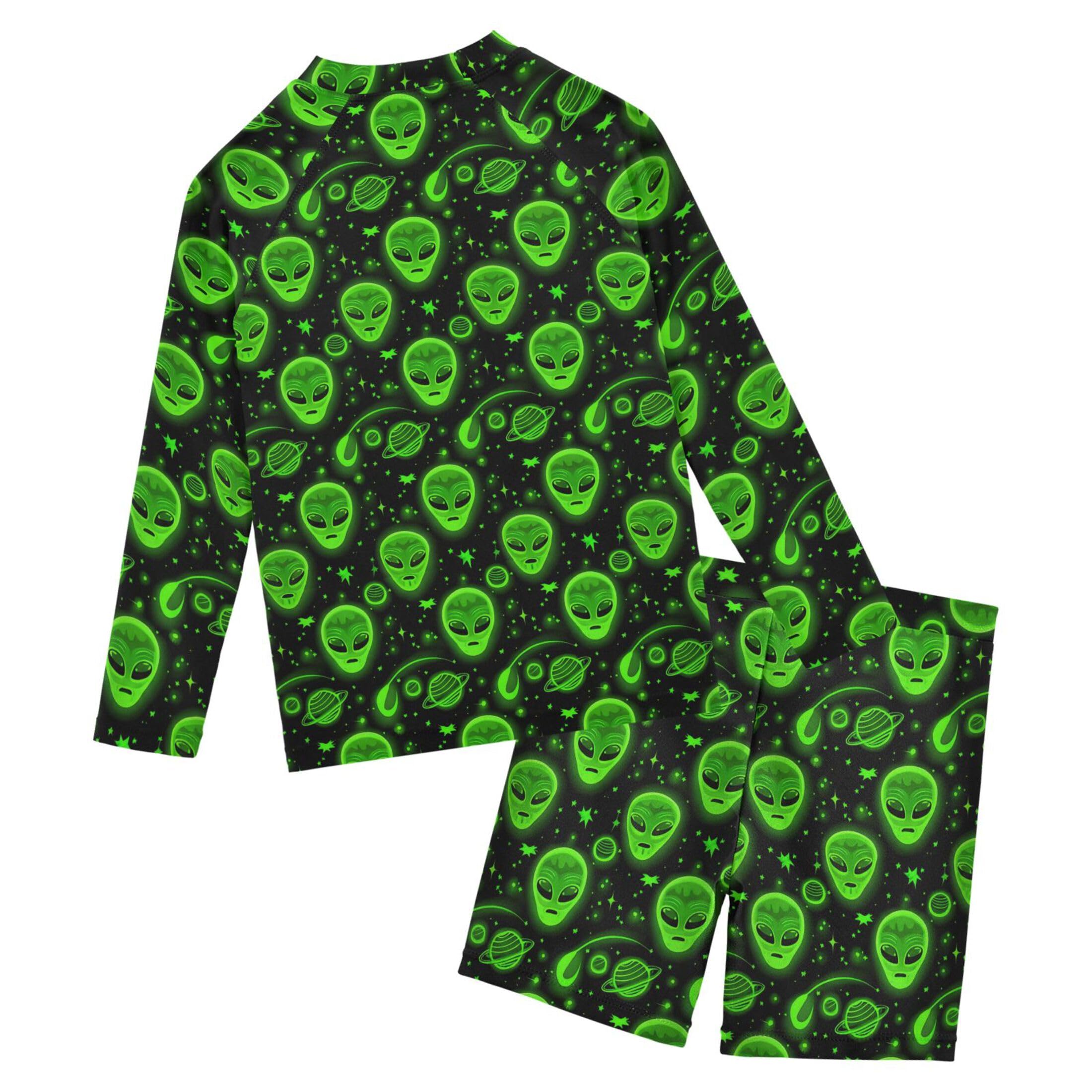 Cute Alien UFO Baby Boys' Toddler Long Sleeved Rashguard Swim Bathing Suit Set B0404000