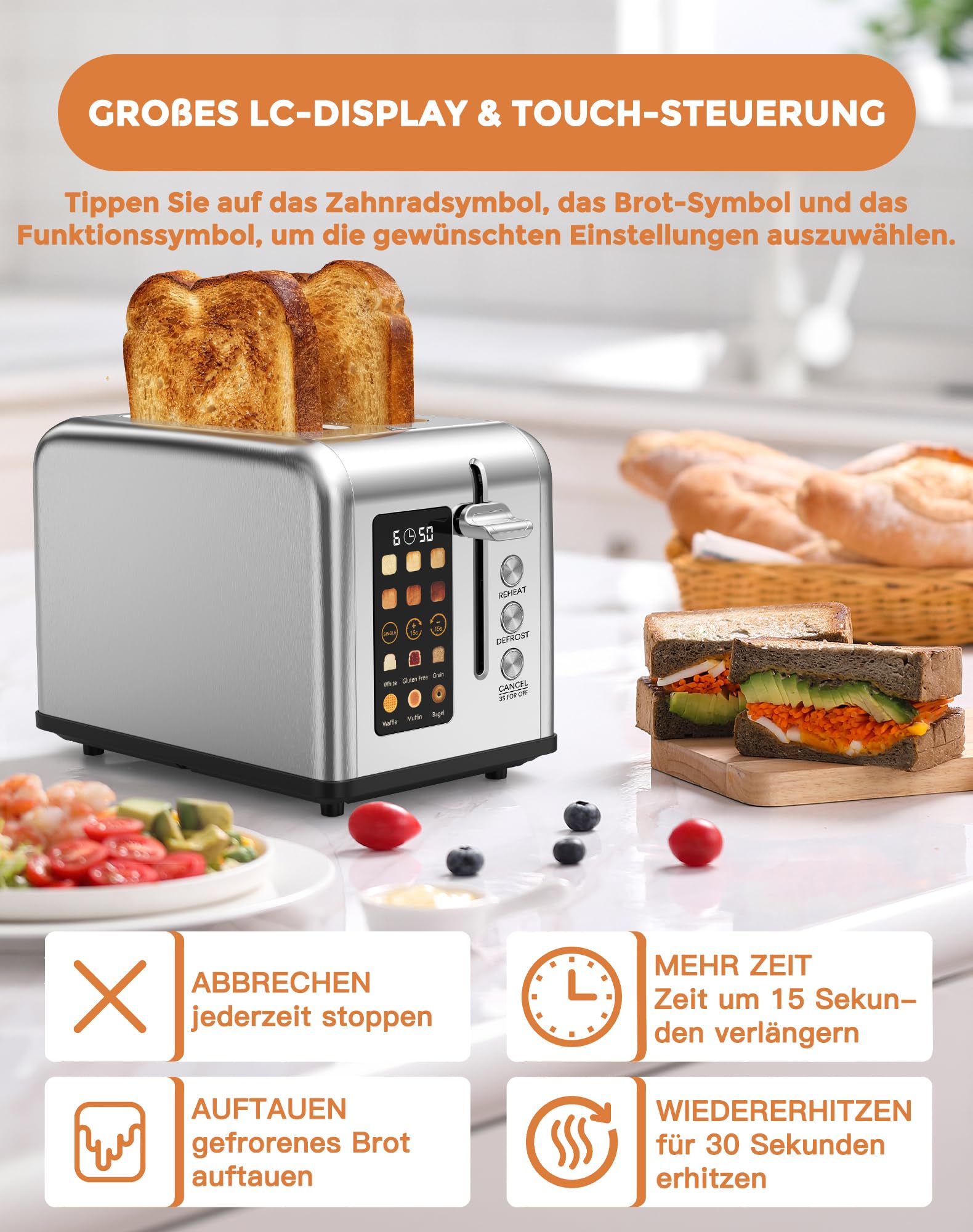 Toaster 2 Scheiben, LED-Touchscreen, Edelstahl Langschlitztoaster, 6 Bräunungsstufen, 6 Brotprogramme, Auftau-, Aufwärm- & Stoppfunktion, 880W (2 Scheiben)
