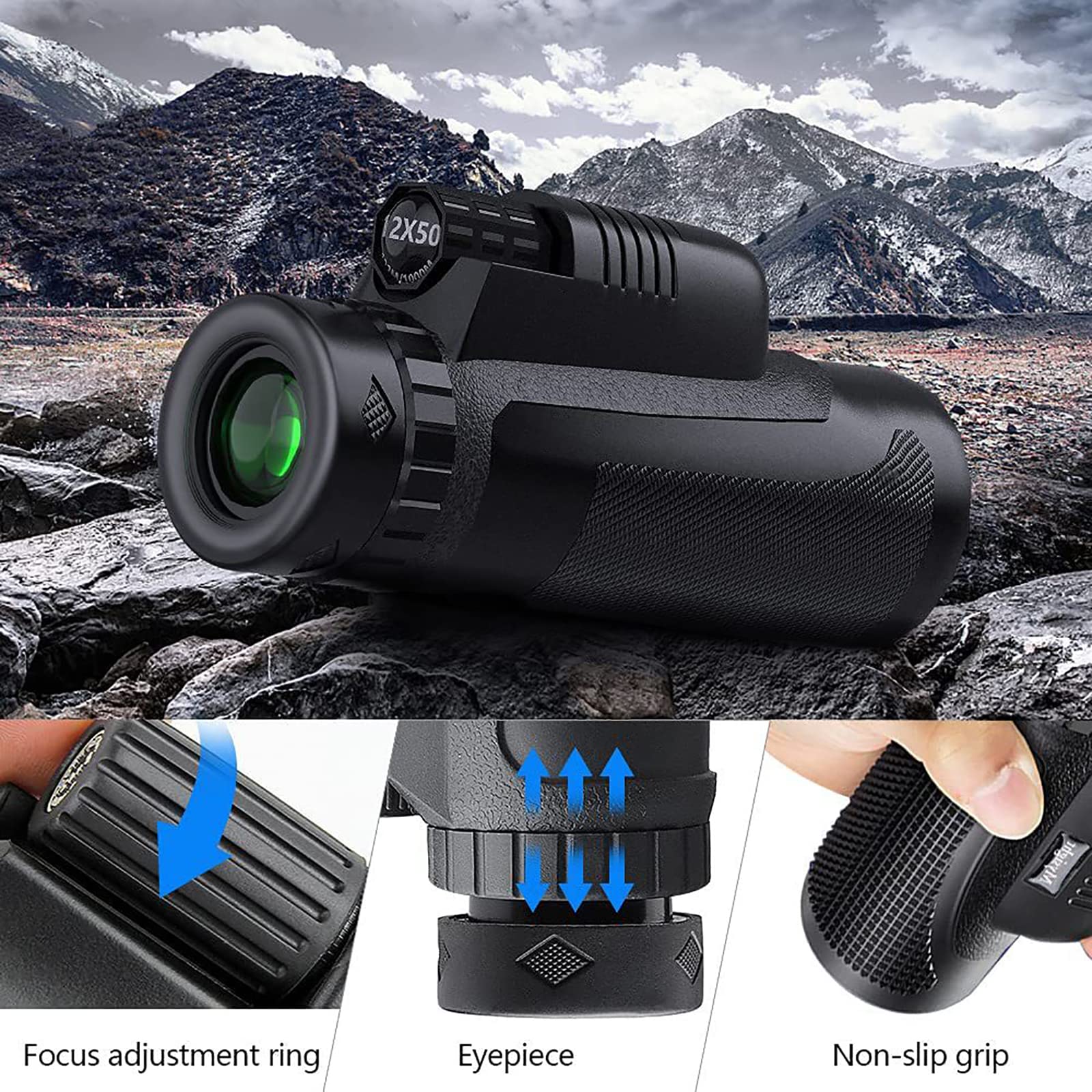 Monoculaire T8-12x Zoom monoculaire avec vision nocturne,Télescope adulte avec BAK4 HD FMC avec adaptateur et tripod,Petit télescope pour l'observation des oiseaux, le sport et plus encore,Cadeau