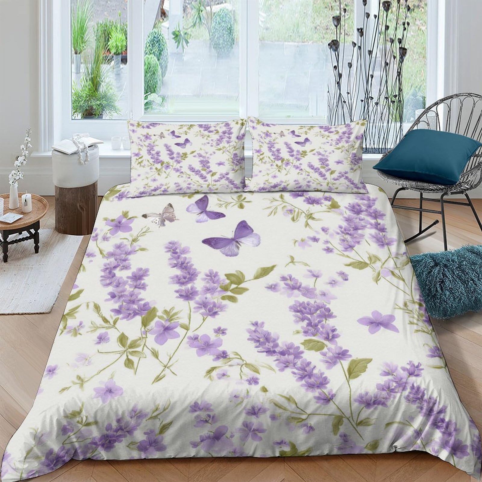 GPLZQXKJNH 3D Printed Lavender Butterfly Duvet Cover Microfiber Soft Breathable Floral Bedding Set with 2 Pillowcases for Bedroom Decor Single（135x200cm）