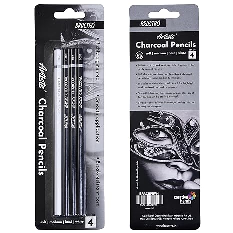 BRUSTRO Artists Charcoal Pencil - Set of 4 (3 Black Shade - Soft, Medium, Hard and 1 White - Medium) | Ideal for Drawing, Shading, Coloring, Sketching, Artwork, Portrait, Landscape, Smooth Blending