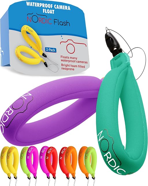 Waterproof Camera Float Strap (2-Pack) For Underwater Cameras - Compatible With GoPro Hero12, DJI Action 4, Insta360, Olympus Tough TG-6, and Phone Pouch - By Nordic Flash - Turquoise & Purple