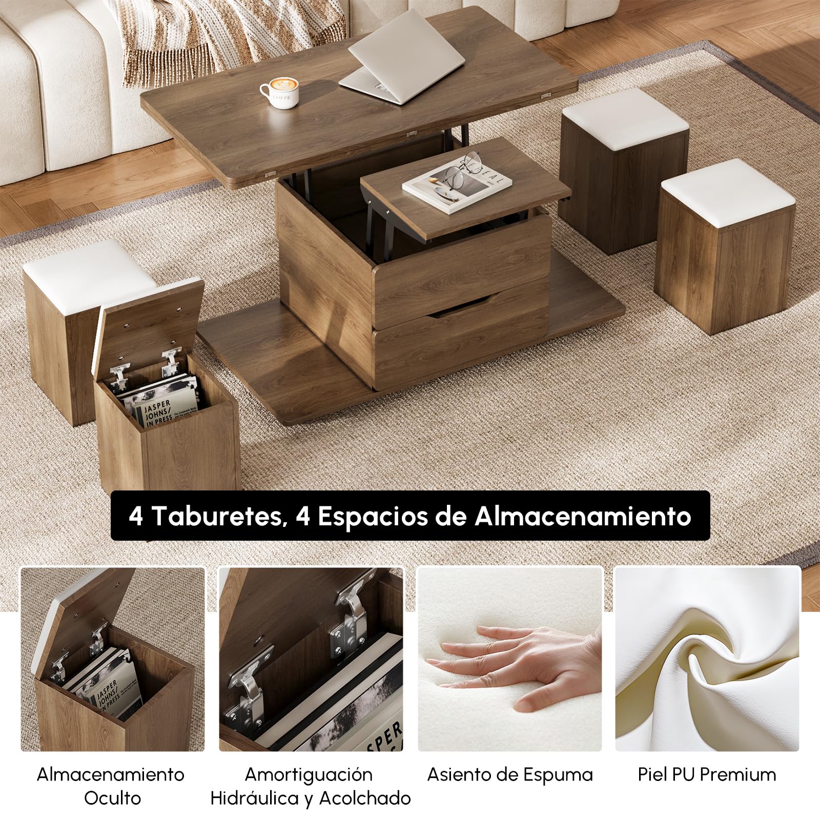Homary Mesa de Centro Elevable con 4 Taburetes 100 X 50cm Nogal Mesa Elevable con Mecanismo Hidráulico y Almacenaje Oculto,Extensible con Rueda Bloqueable Función Convertible para Oficina o Comedor