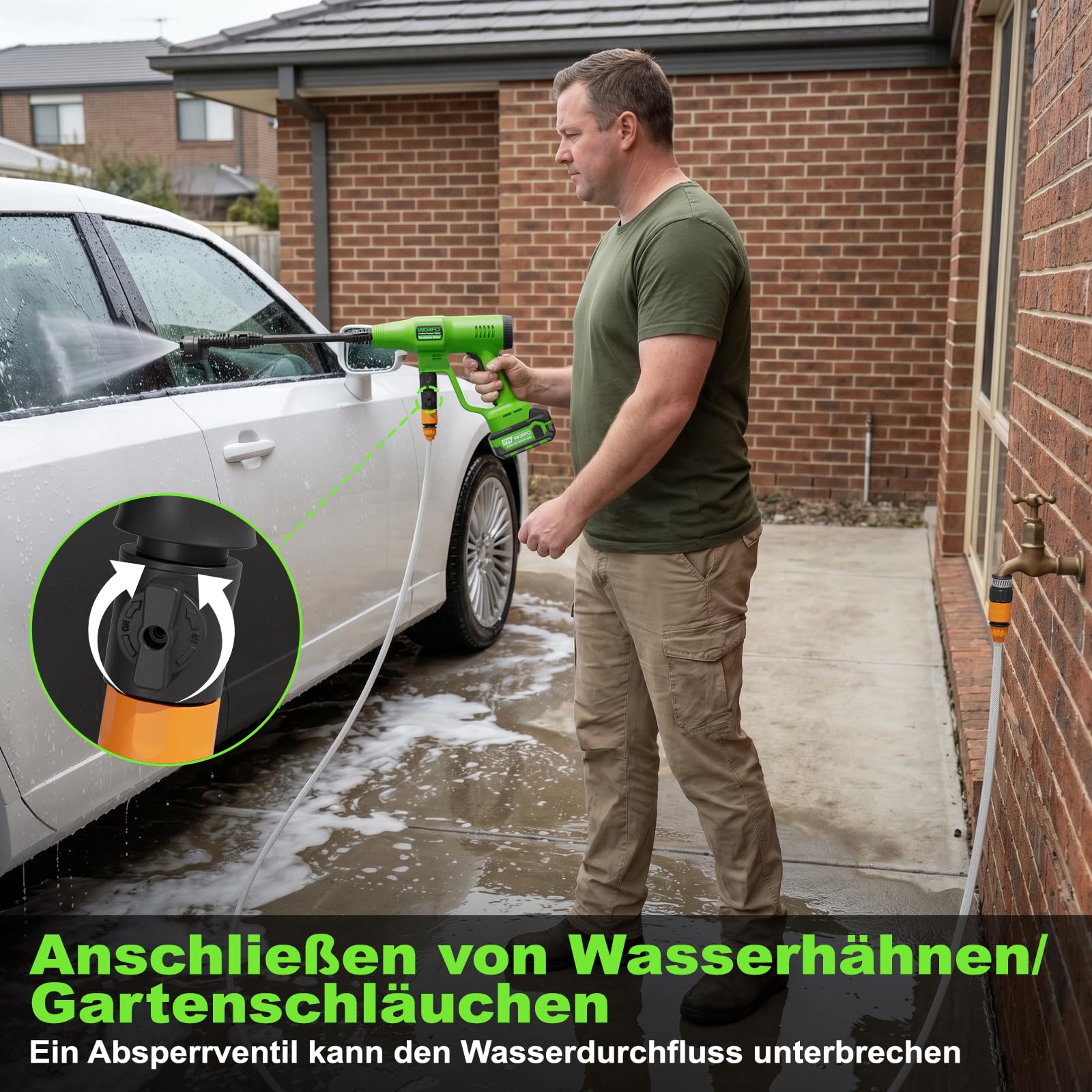 Akku Hochdruckreiniger, Mobiler Druckreiniger mit 2 Akkus und Ladegerät, 6-in-1 Düse, 6M Schlauch Direktanschluss Wasserhahn und Flaschenanschluss für die Auto/Garten/Bewässerung