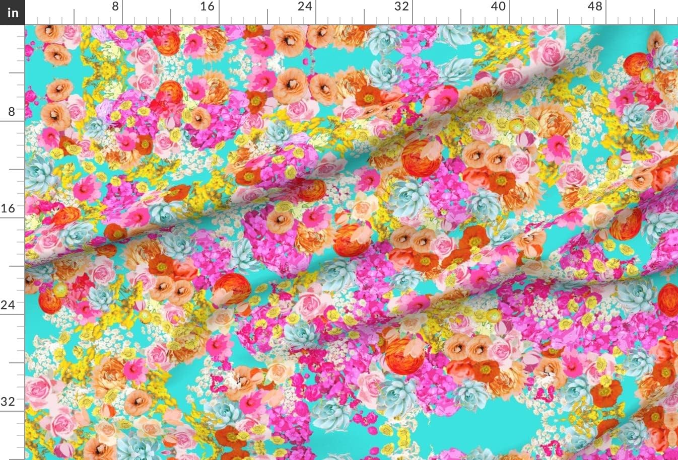 Spoonflower Fabric - Summer Bright Floral Turquoise Extra Large Print Neon Colors Hot Pink Printed on Upholstery Velvet Fabric Fat Quarter - Upholstery Home Decor Bottomweight Apparel