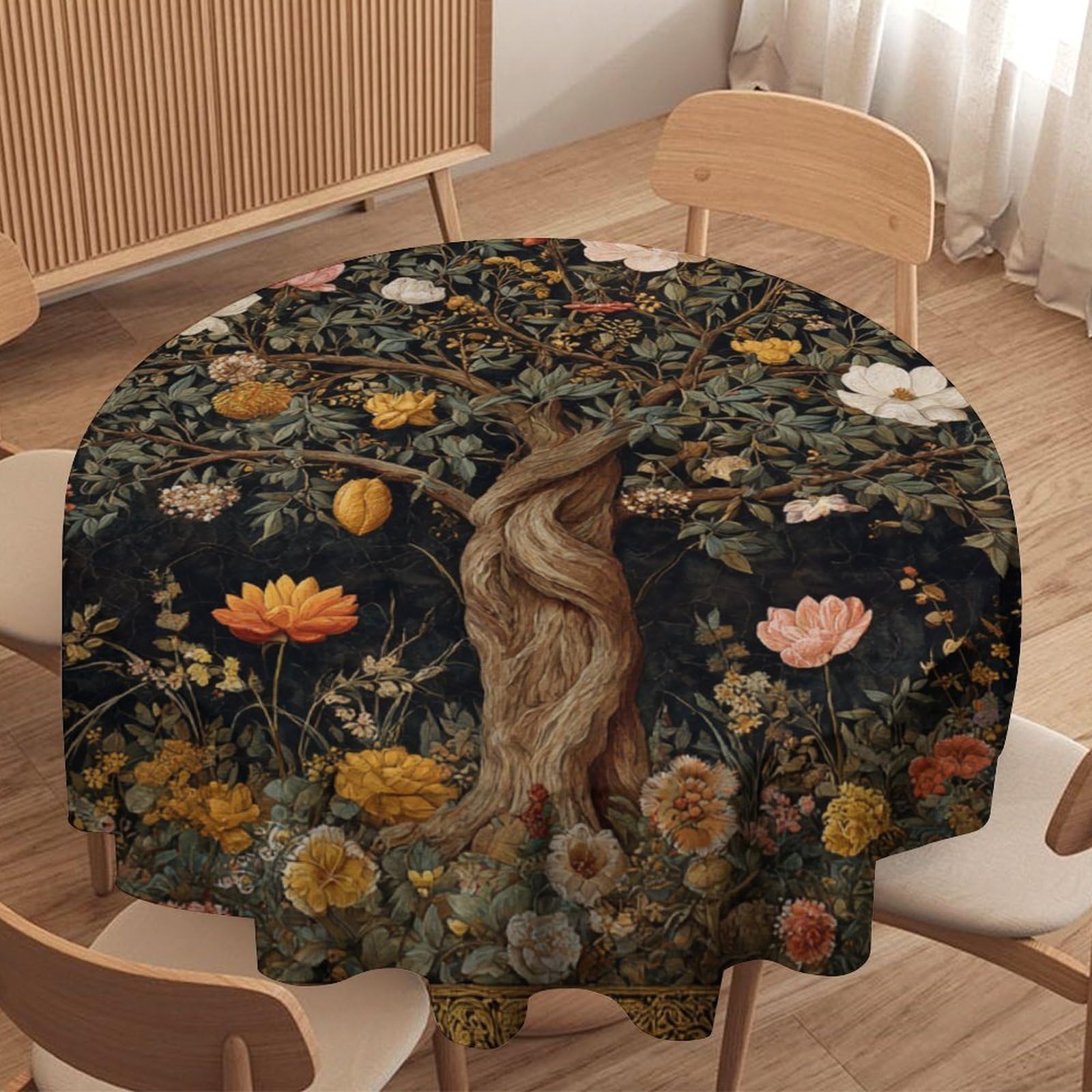 LUYYSKY Classic Vintage Tree of Life Round Tablecloth Beautiful Abstract Boho Botanical Trees Floral Pattern Washable Decor for Table Cover for Kitchen-127 Wx127 L cm
