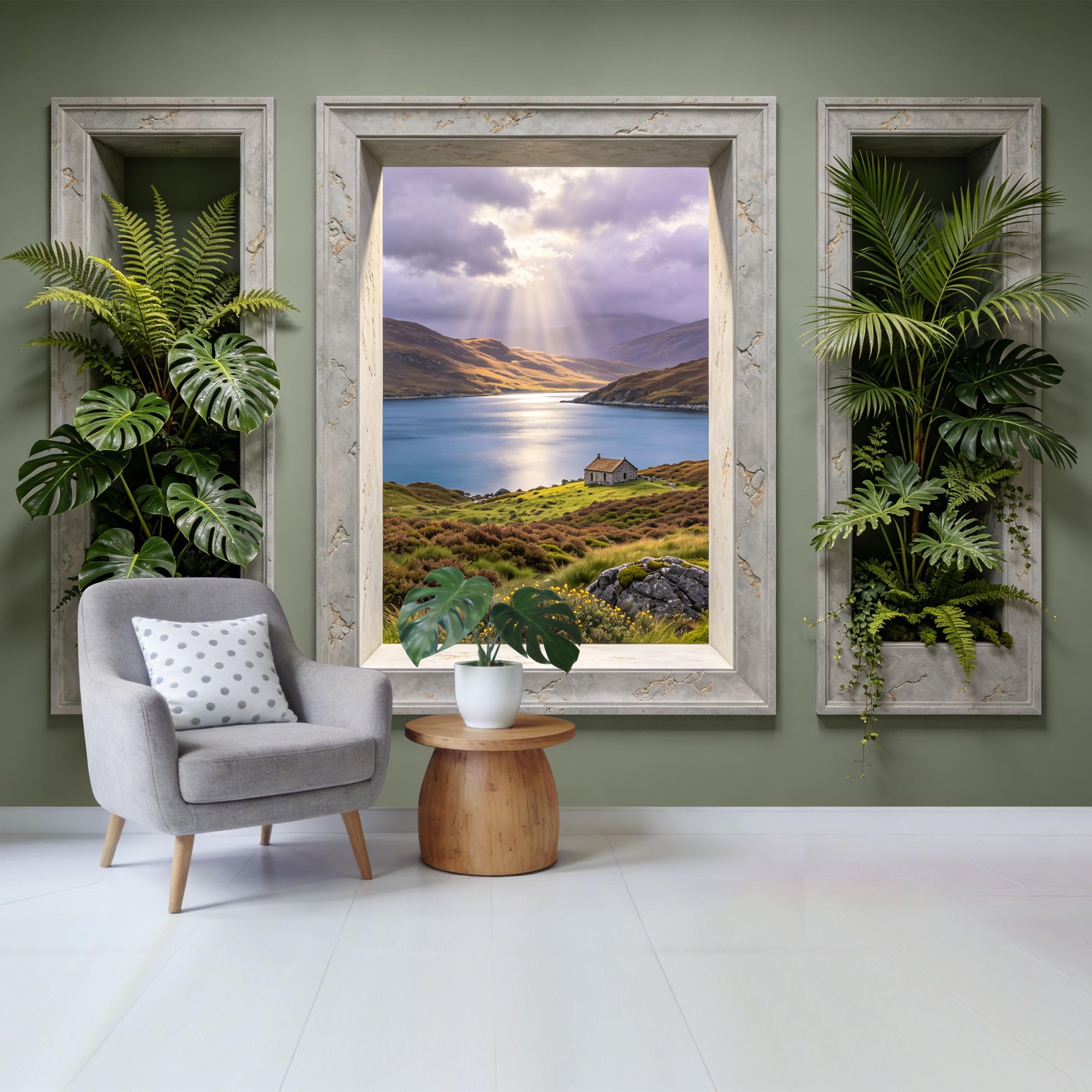 Removable Self Adhesive Fabric Mural， 3D Window View Mountain Lake Landscape Tropical Botanical Custom Size Wall Covering， UV Protected Waterproof Washable Wall Decor for Living Room Bedroom