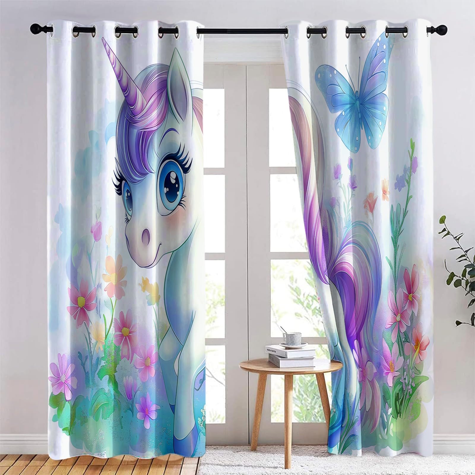Rideau Occultant Thermique Isolant Anti Froid à Oeillets 183 x 214 cm Licorne Animal De Dessin Animé Anti Bruit Décoration de Rideau pour Chambre Salon, Couleur