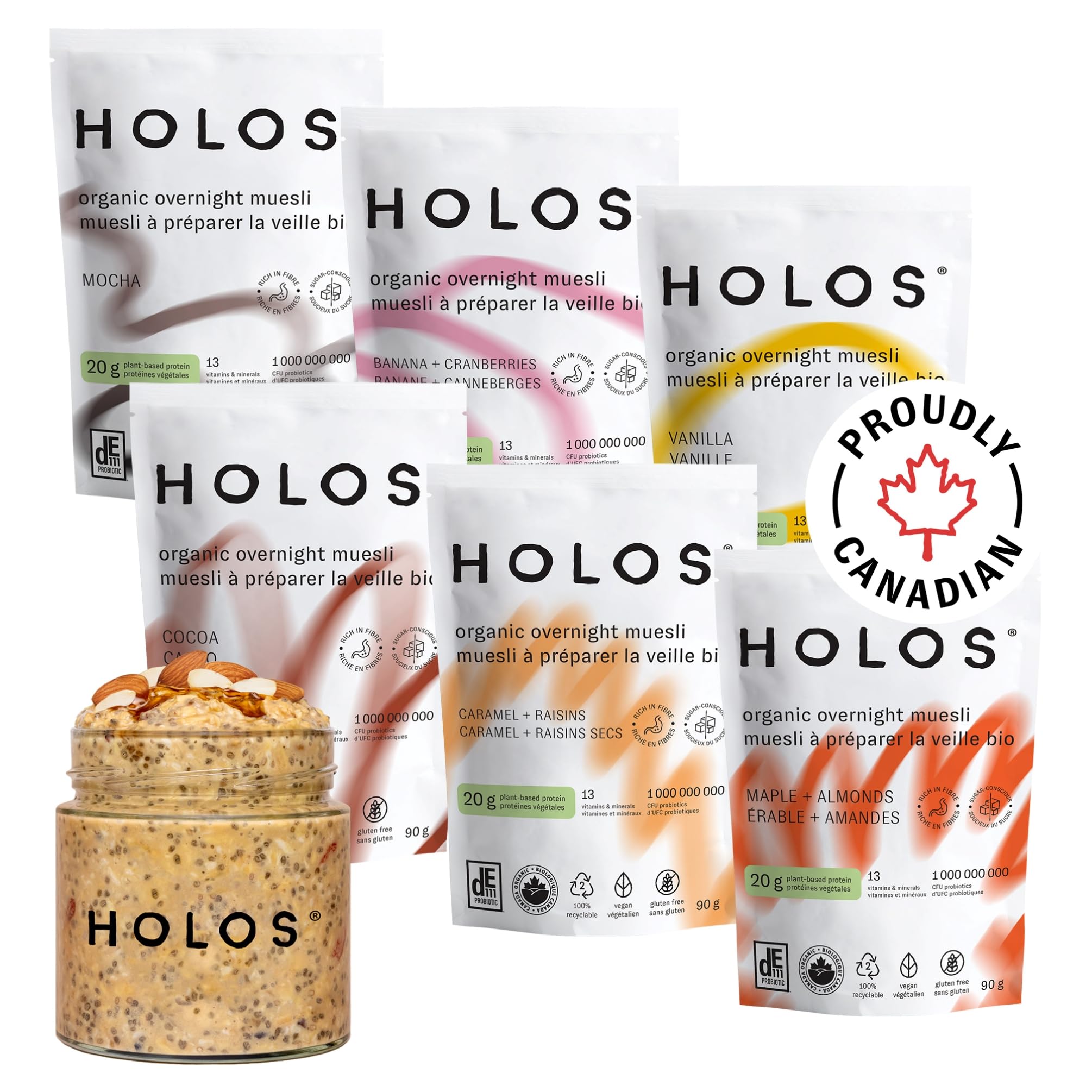 HOLOS Canadian Organic Overnight Muesli 12-Pack Variety with Jar