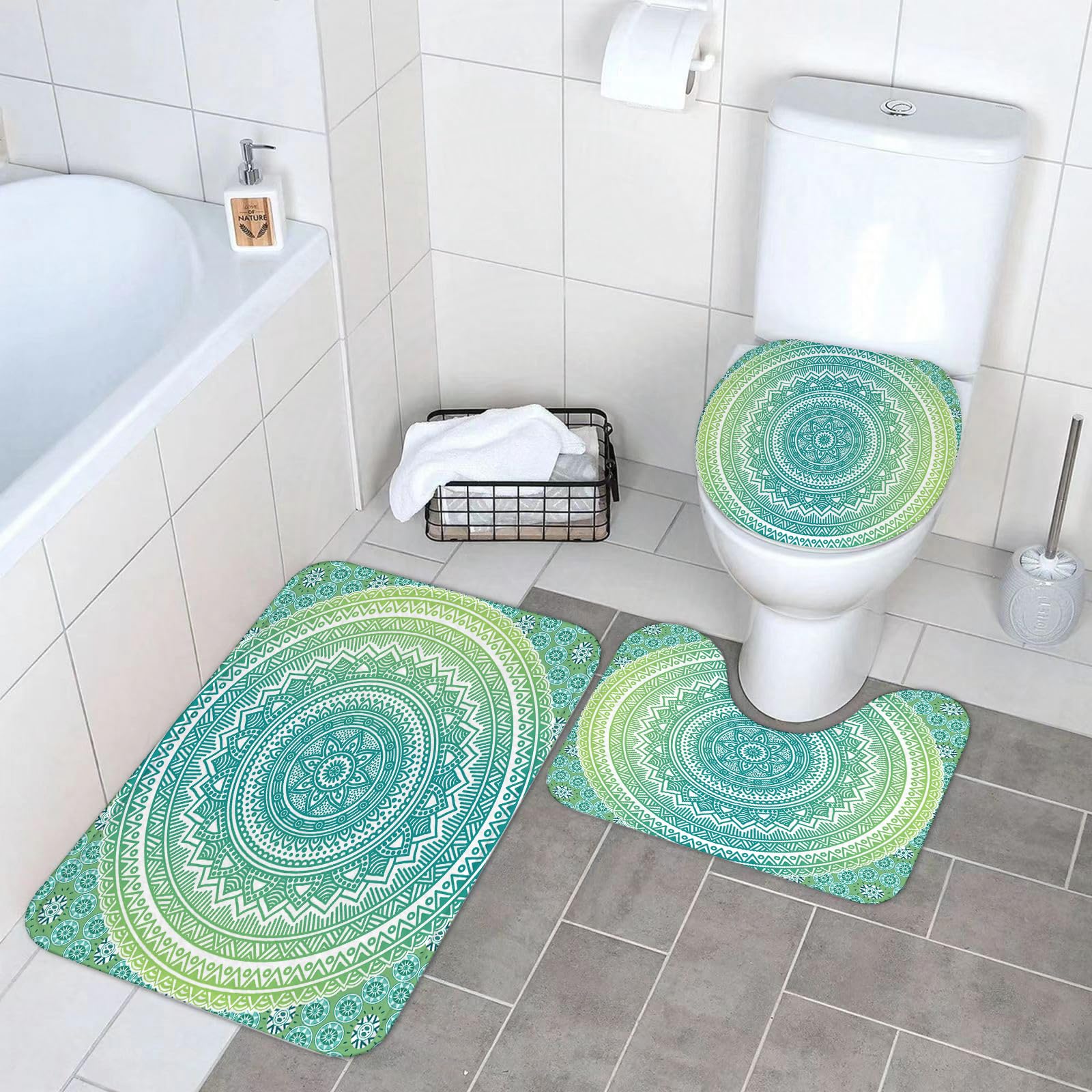 Set di 3 tappetini da Bagno, Lavabili in Lavatrice e Antiscivolo, in Morbida Fibra Superfine, nei Colori Verde Acqua e Lime, con Motivo Mandala Etnico e Petali in Stile Hippie.