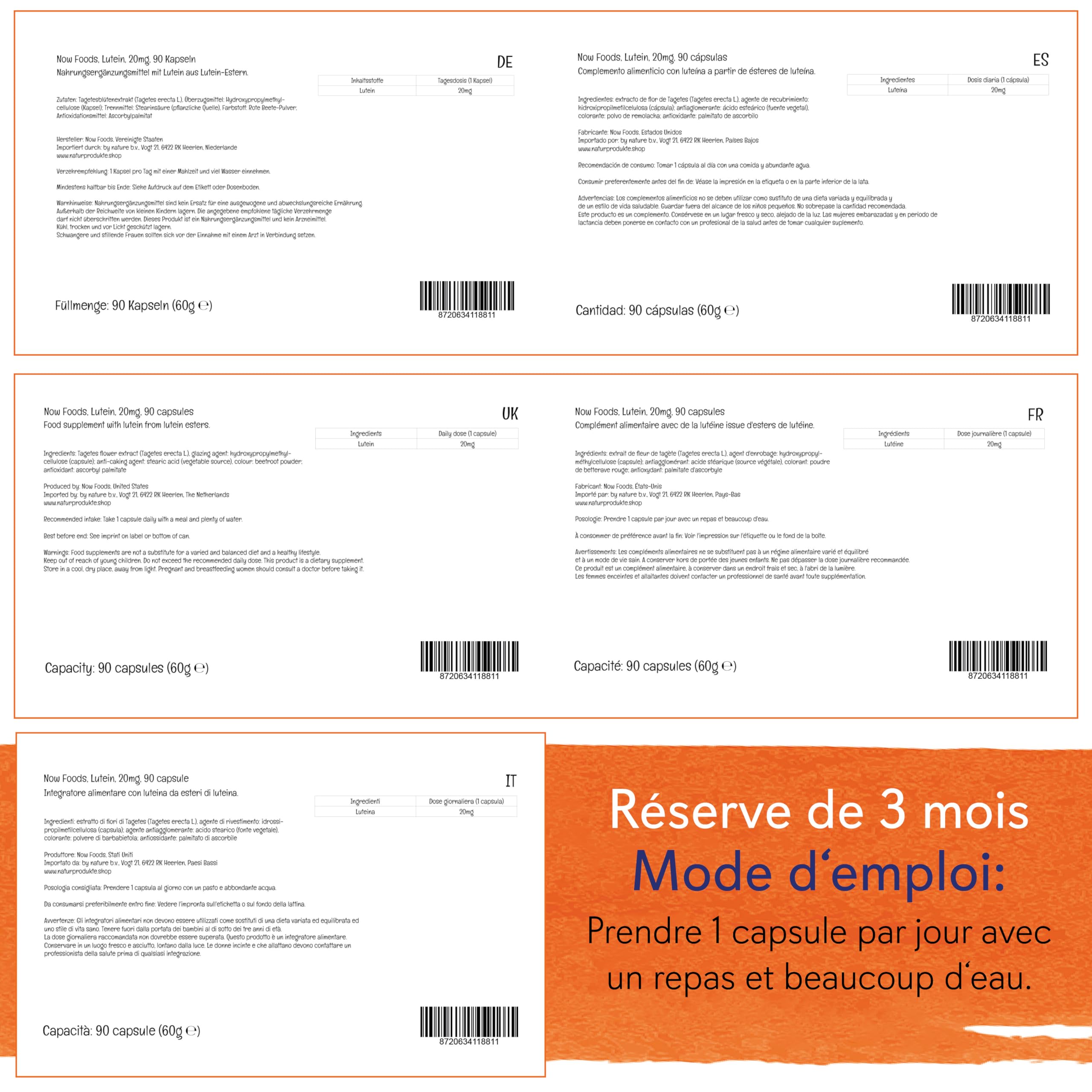 Now Foods, Double Strength Lutein 20mg, Ester Libre de Lutéine, 90 Capsules végétaliennes, Testé en Laboratoire, Sans Soja, Végétarien, Sans Gluten, Sans OGM