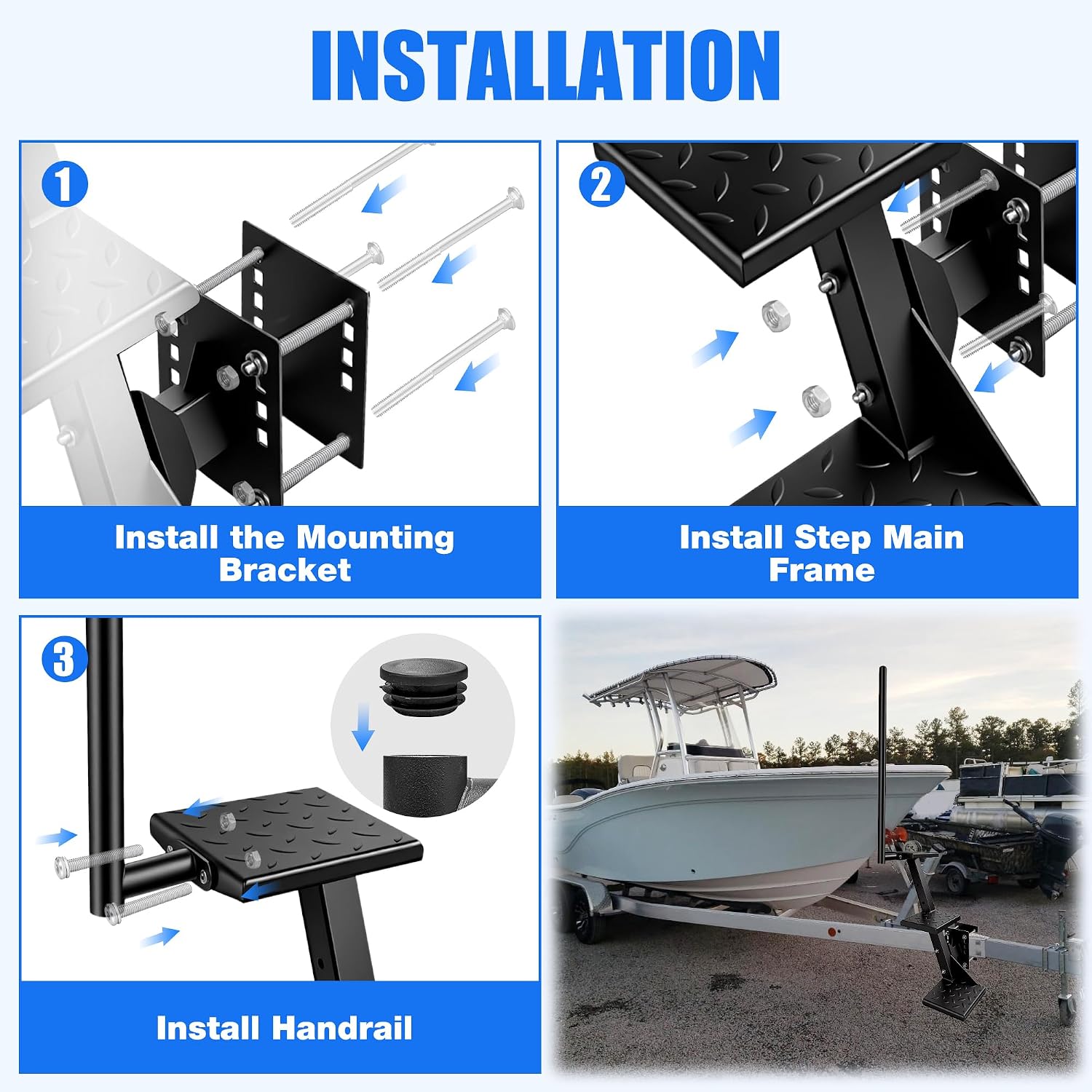 Loyala Boat Trailer Steps, 3-Step Heavy Carbon Steel Trailer Ladder with Handrail, 660 LBS Load Capacity Non-Slip Universal Boat Steps, Marine Boarding Ladder for Safe Boat Access