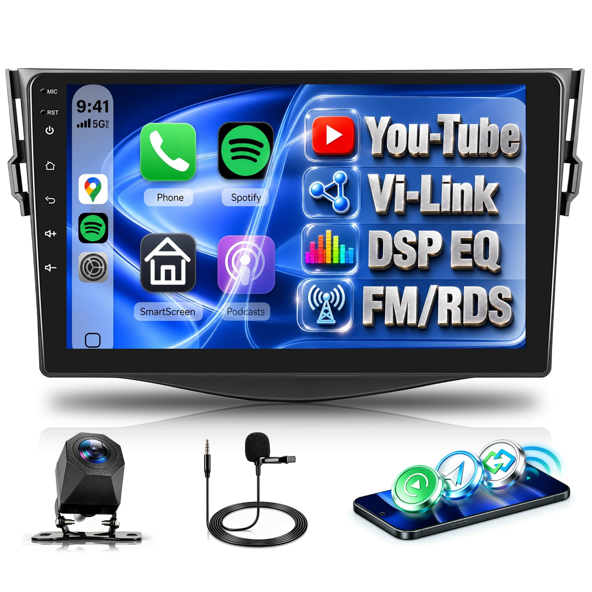 Rimoody Autoradio pour Toyota RAV4 2007-2012 sans Fil Carplay Android Auto You-Tube DSP EQ VI-Link Bluetooth FM/RDS, 9 Pouces Écran Tactile Radio avec Mirror Link USB/AUX/MIC SWC Caméra de Recul