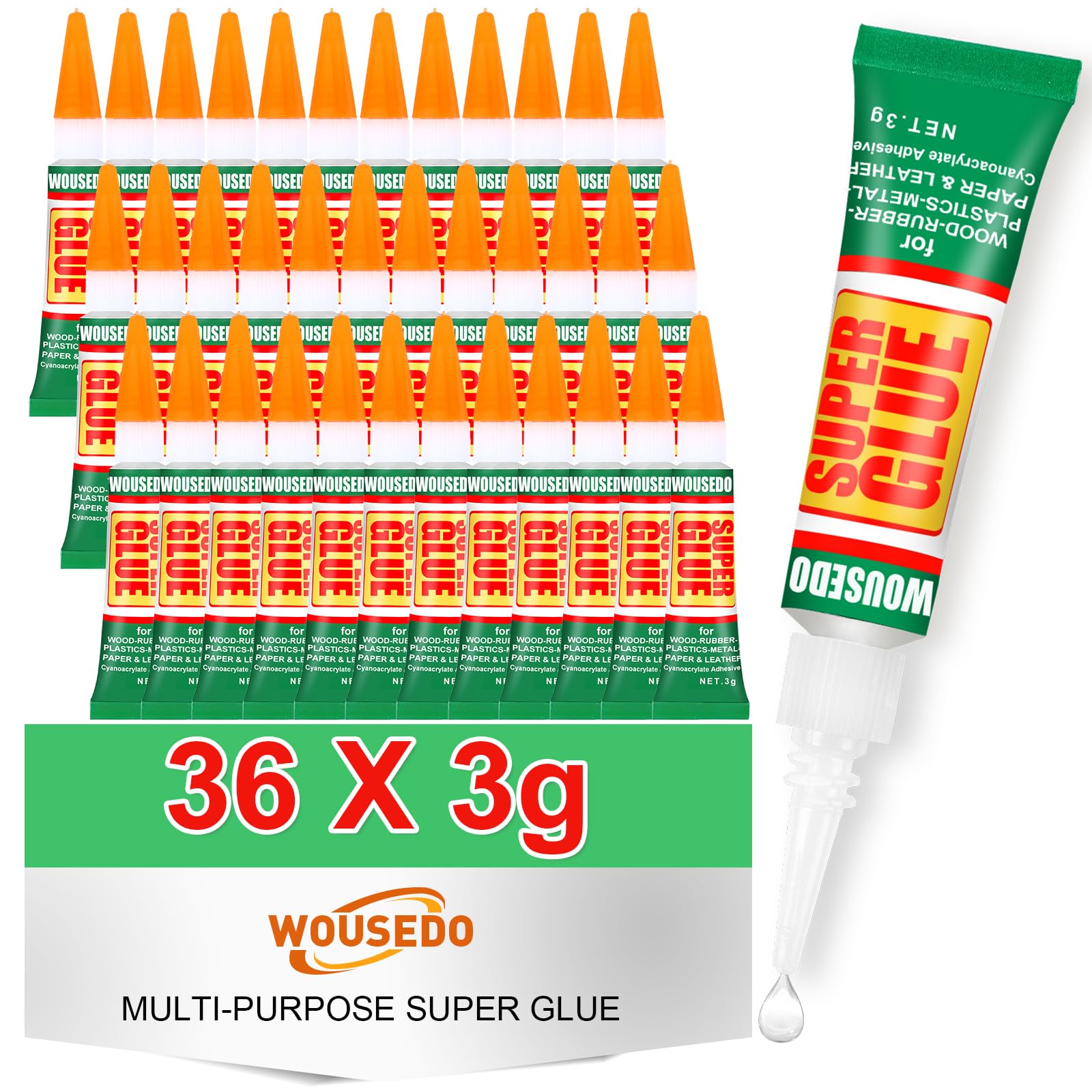 WOUSEDO 36 X 3g Super Glue Clear, Strong Adhesive,Super Glue Fast Drying Cyanoacrylate Glue for Wood,Rubber,Leather, Plastic, Metal, Rhinestone