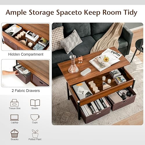 Miniatura 6 de Tangkula Mesa de centro elevable con cajones, mesa central multifuncional desplegable con mesa elevadora, compartimento oculto y 2 cajones de tela