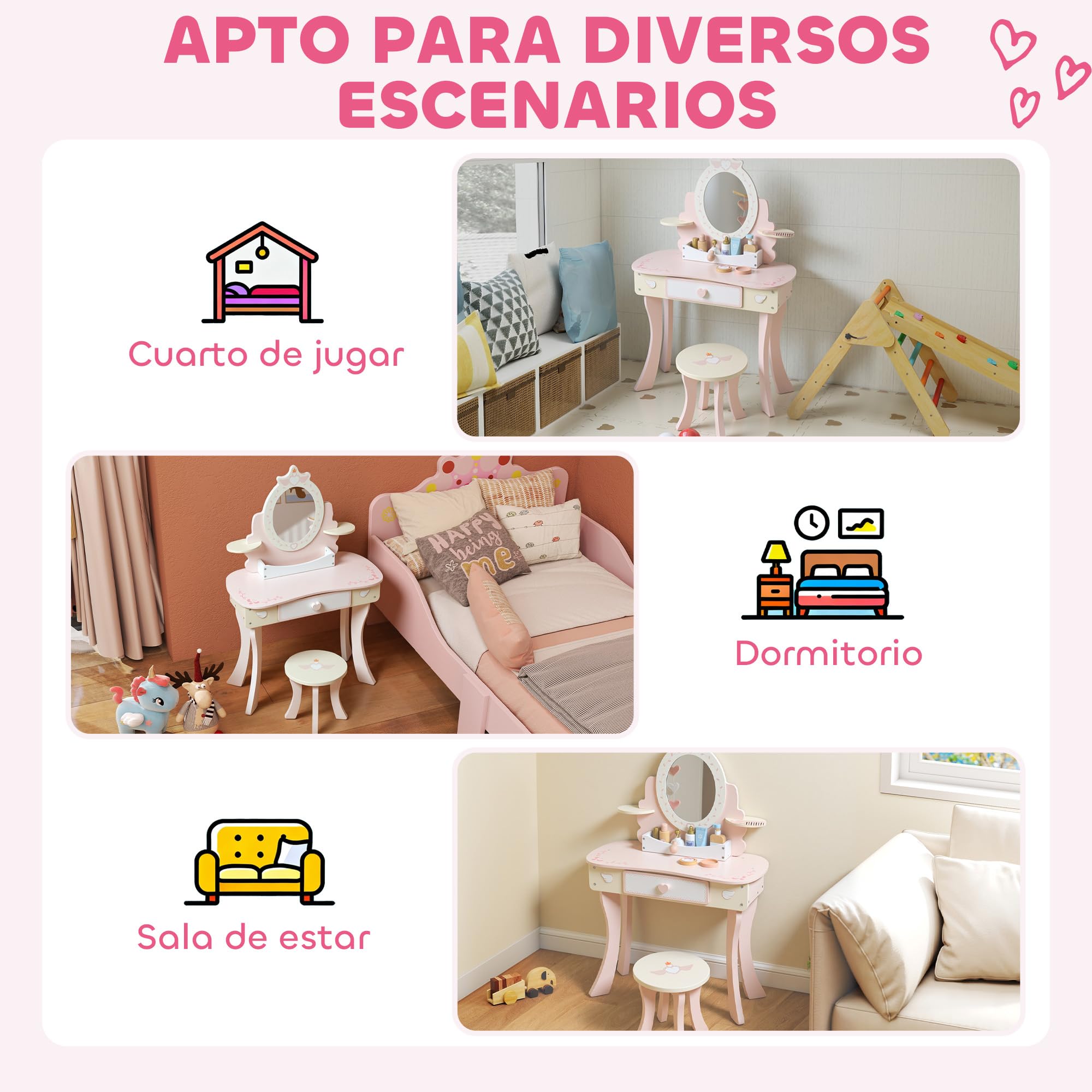 AIYAPLAY Tocador para Niñas, Tocador de Maquillaje Niñas, 2 en 1, Escritorio, con Taburete, Espejo, Cajón, 7 Accesorios, a Partir de 3 Años, Rosa