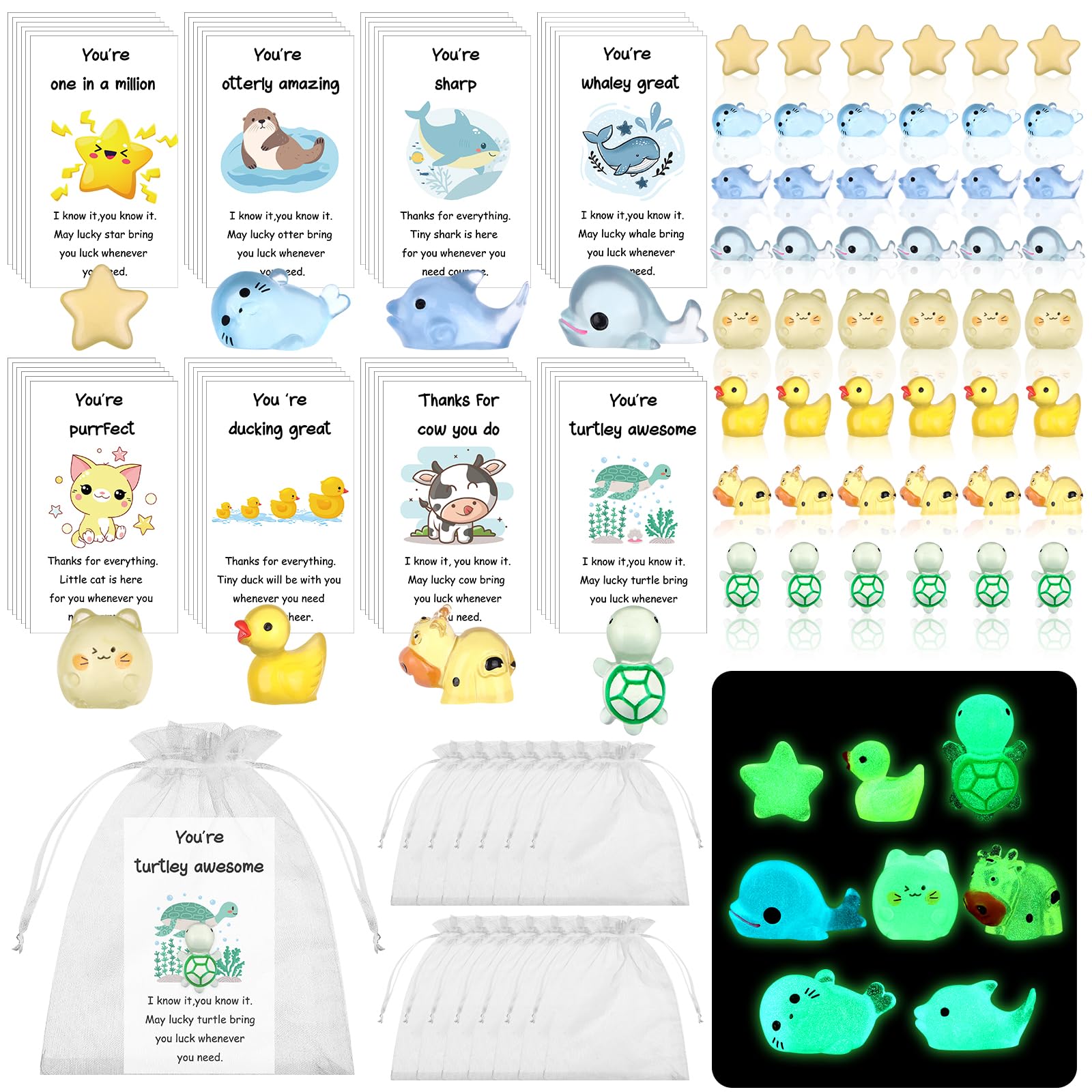48 Sets Employee Appreciation Gifts Bulk for Coworkers Thank You Staff Gift Inspirational Animal Pun Card Funny Luminous Resin Ornament Emotion Support Positive Gifts for Colleagues Teacher Team Nurse