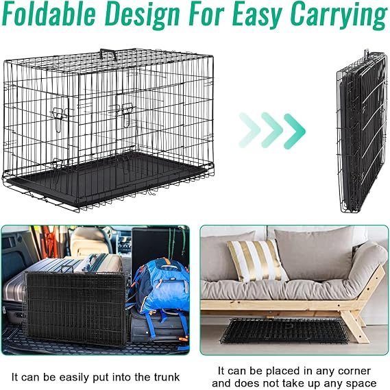 FDW Dog Crate for Large Dogs 42 Inch Folding Metal WirePet Cage Double Door W/Divider Panel Indoor Outdoor Kennel Leak-Proof Plastic Tray,Black | Heavy Duty, Portable Wire Kennel with Double Door, Divider & Leak-Proof Tray | For Training, Home, Travel Indoor/Outdoor Use