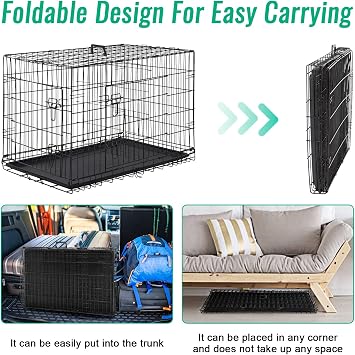 FDW Dog Crate for Large Dogs 42 Inch Folding Metal WirePet Cage Double Door W/Divider Panel Indoor Outdoor Kennel Leak-Proof Plastic Tray,Black | Heavy Duty, Portable Wire Kennel with Double Door, Divider & Leak-Proof Tray | For Training, Home, Travel Indoor/Outdoor Use