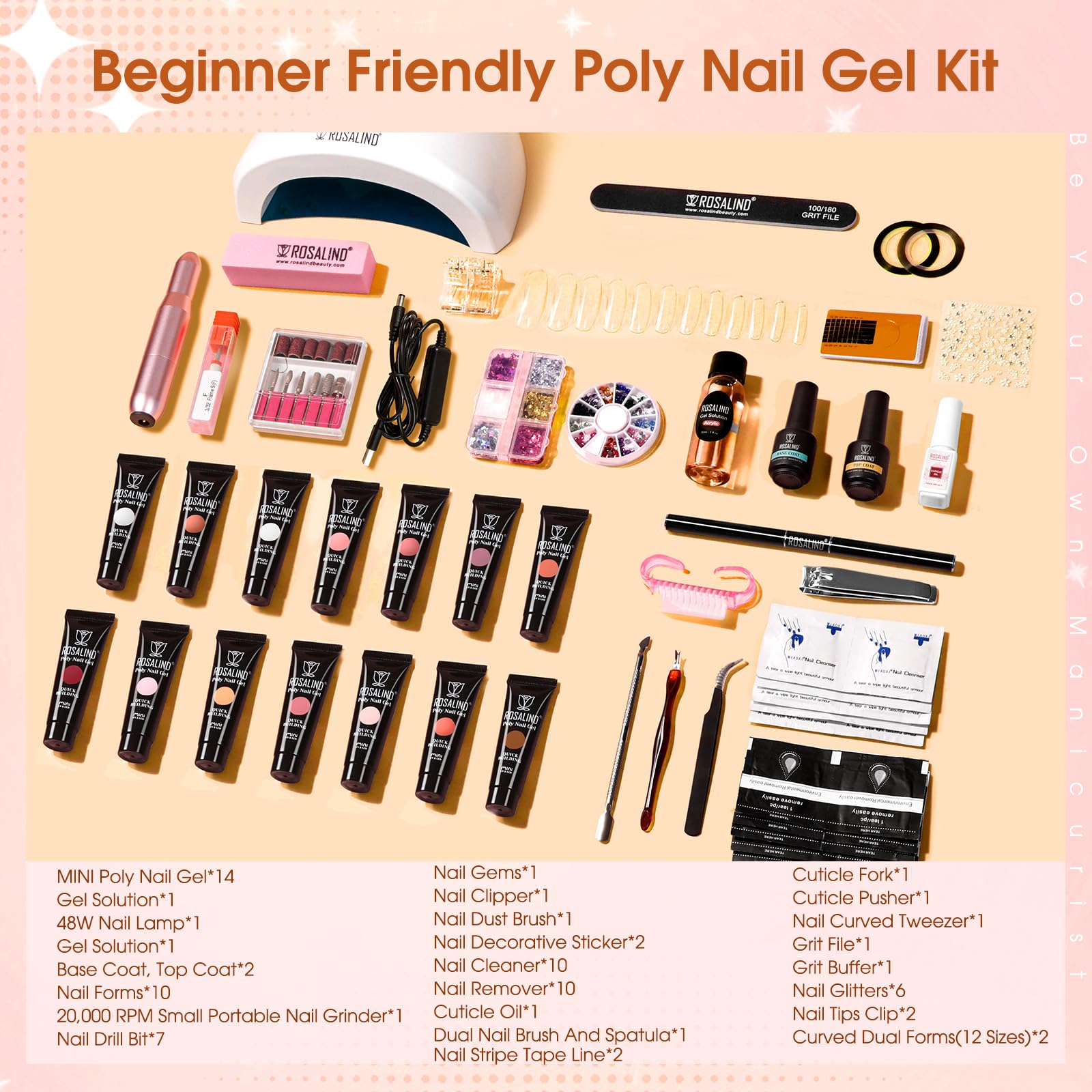 ROSALIND Kit Uñas de Gel, Gel Uñas Set con Lima Eléctrica Uñas/48W UV Lámpara, 14 Colores Geles de Extensión Completo con Base Top Coat, Nail Extention para Principiantes