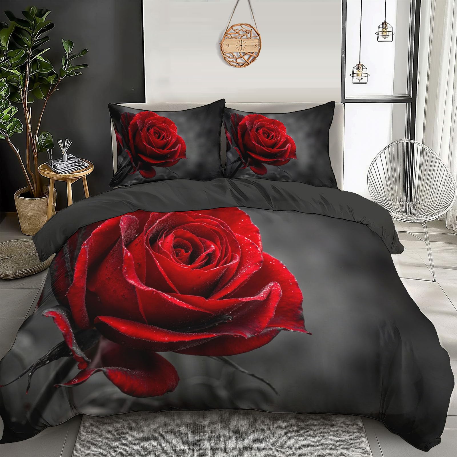 Housse de couette 240x260cm motif fleurs rouges avec 2 taies d'oreiller microfibre